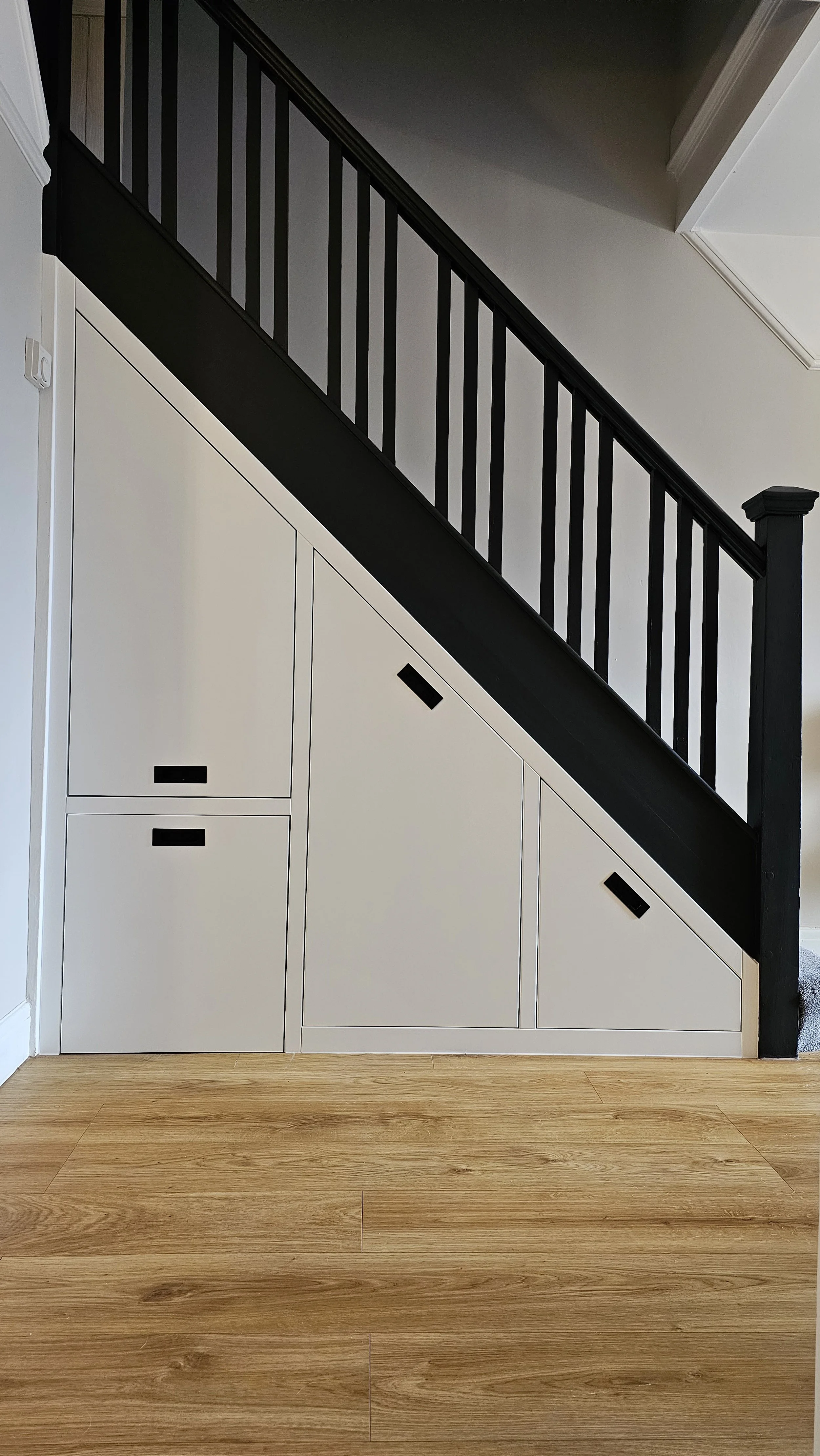 Under-stair storage with white doors and black handles, black railing along the staircase, and wooden flooring.