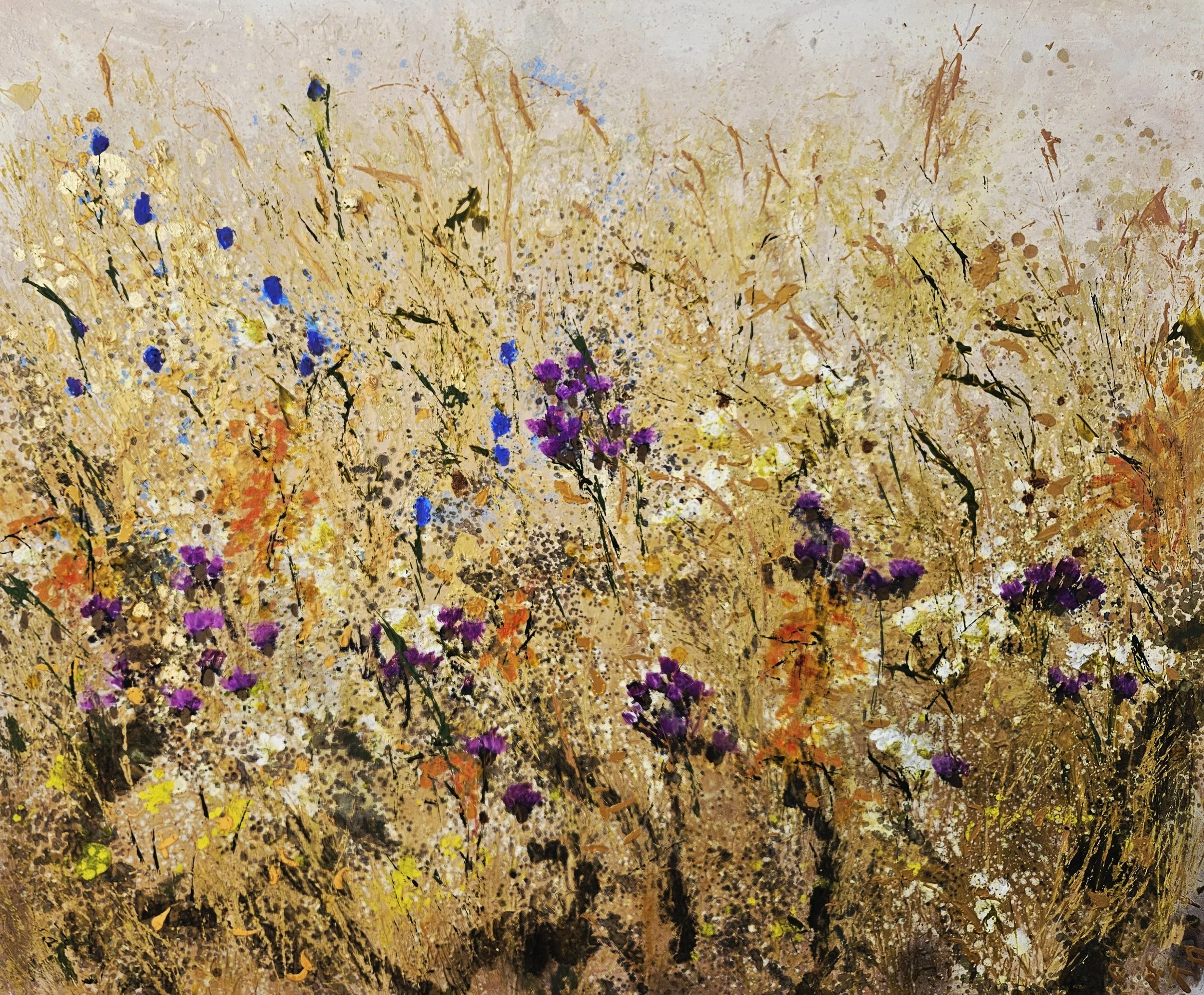 Contemporary landscape painting by Sally Stafford inspired by remembered childhood meadows
