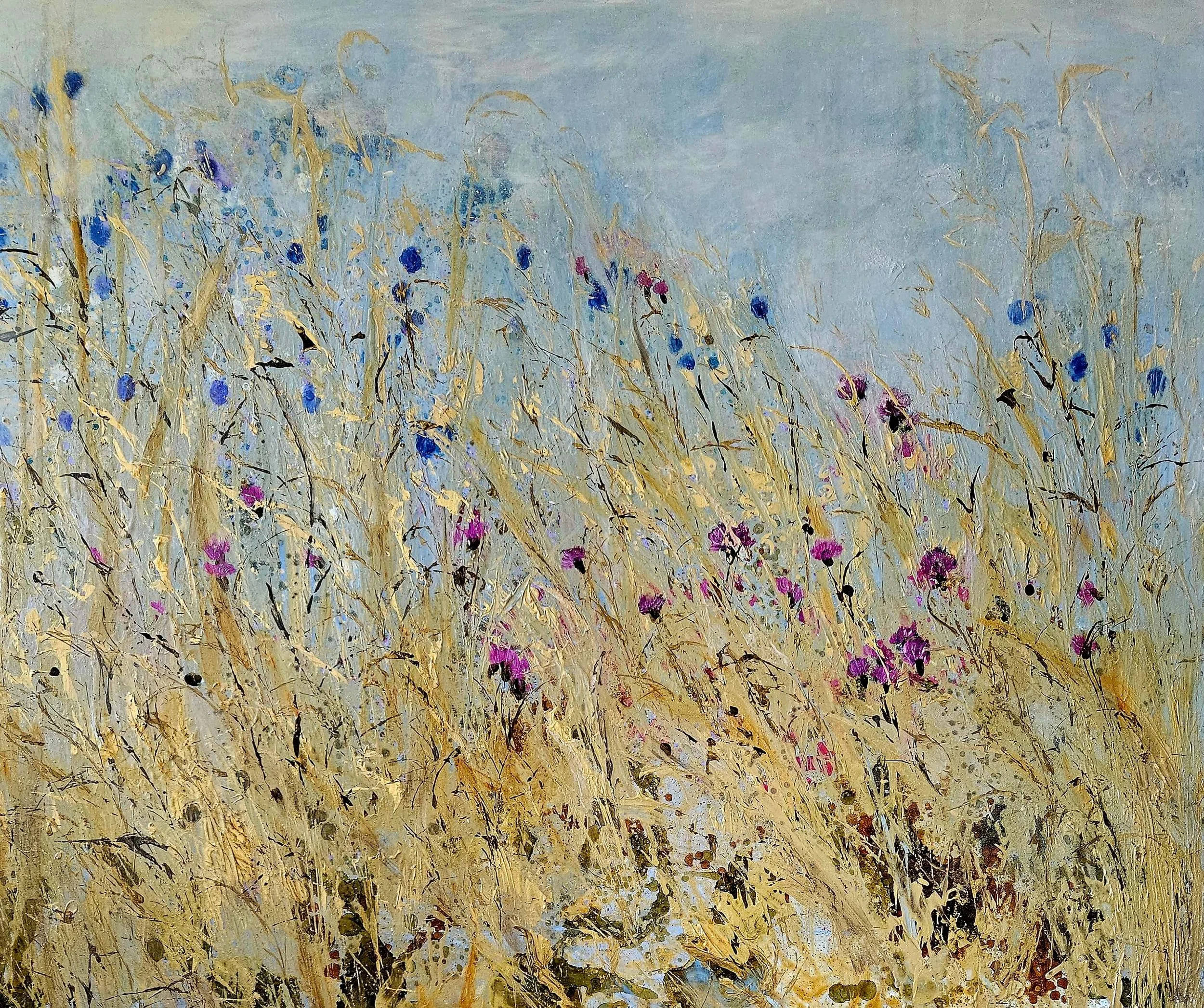 The Longest Day, contemporary mixed media painting of a summer wildflower meadow by Sally Stafford.