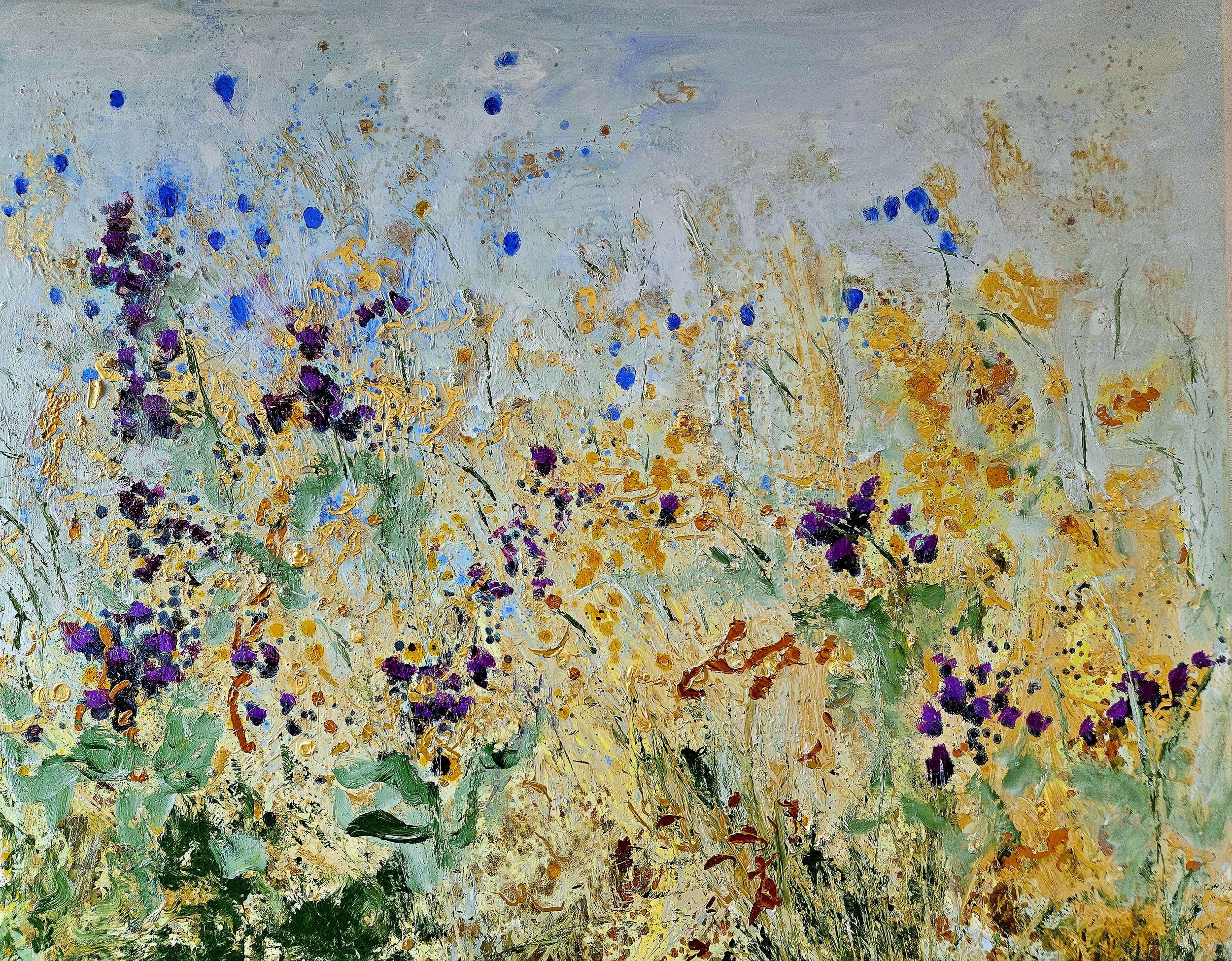 Listening to Time, contemporary mixed media painting inspired by wildflower meadows and the changing seasons by Sally Stafford.