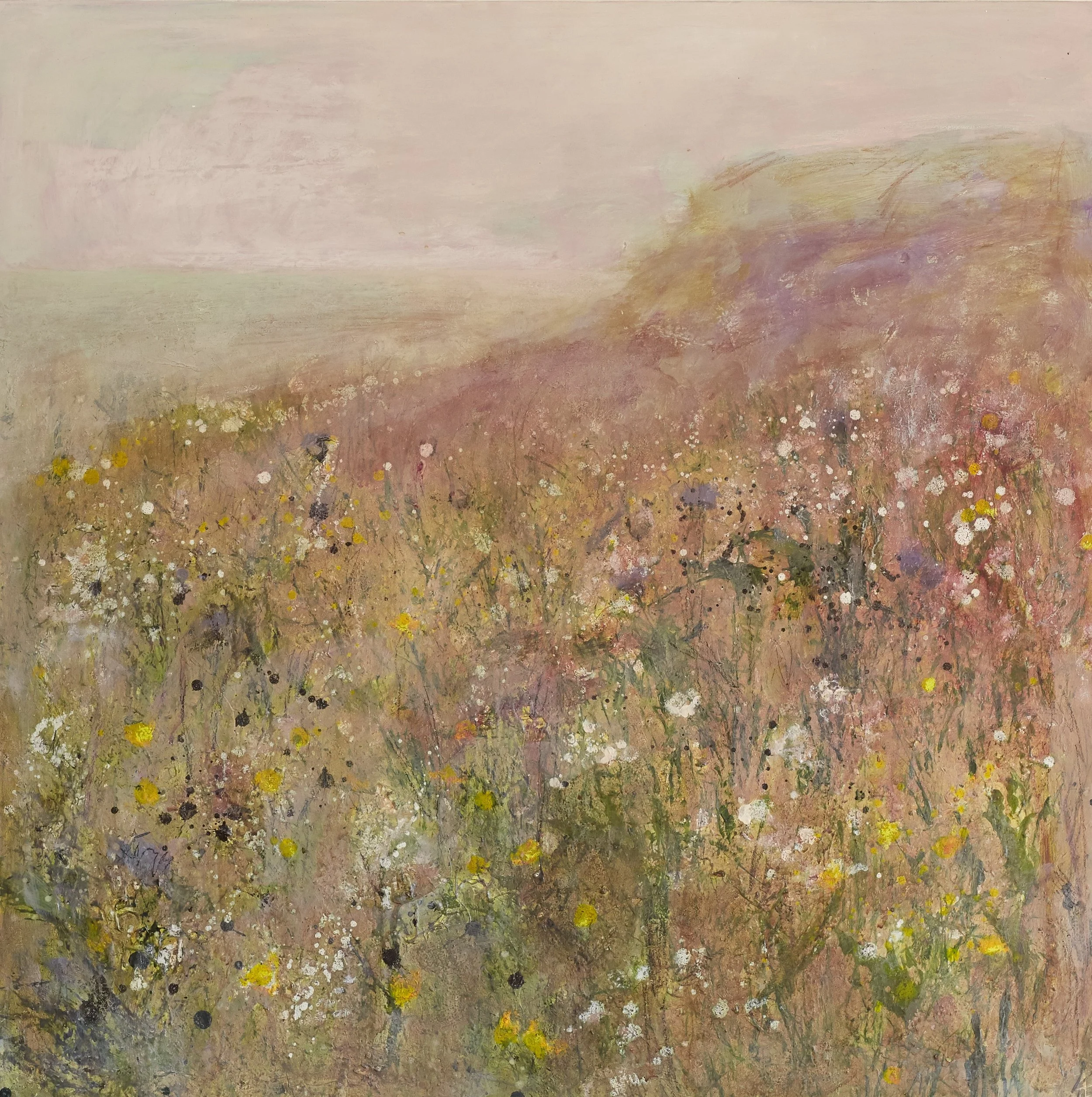 Mixed-media painting of a wildflower meadow on Hoy in Orkney, with layered pink, ochre and green colours, grasses and scattered flowers beneath a soft, pale sky.