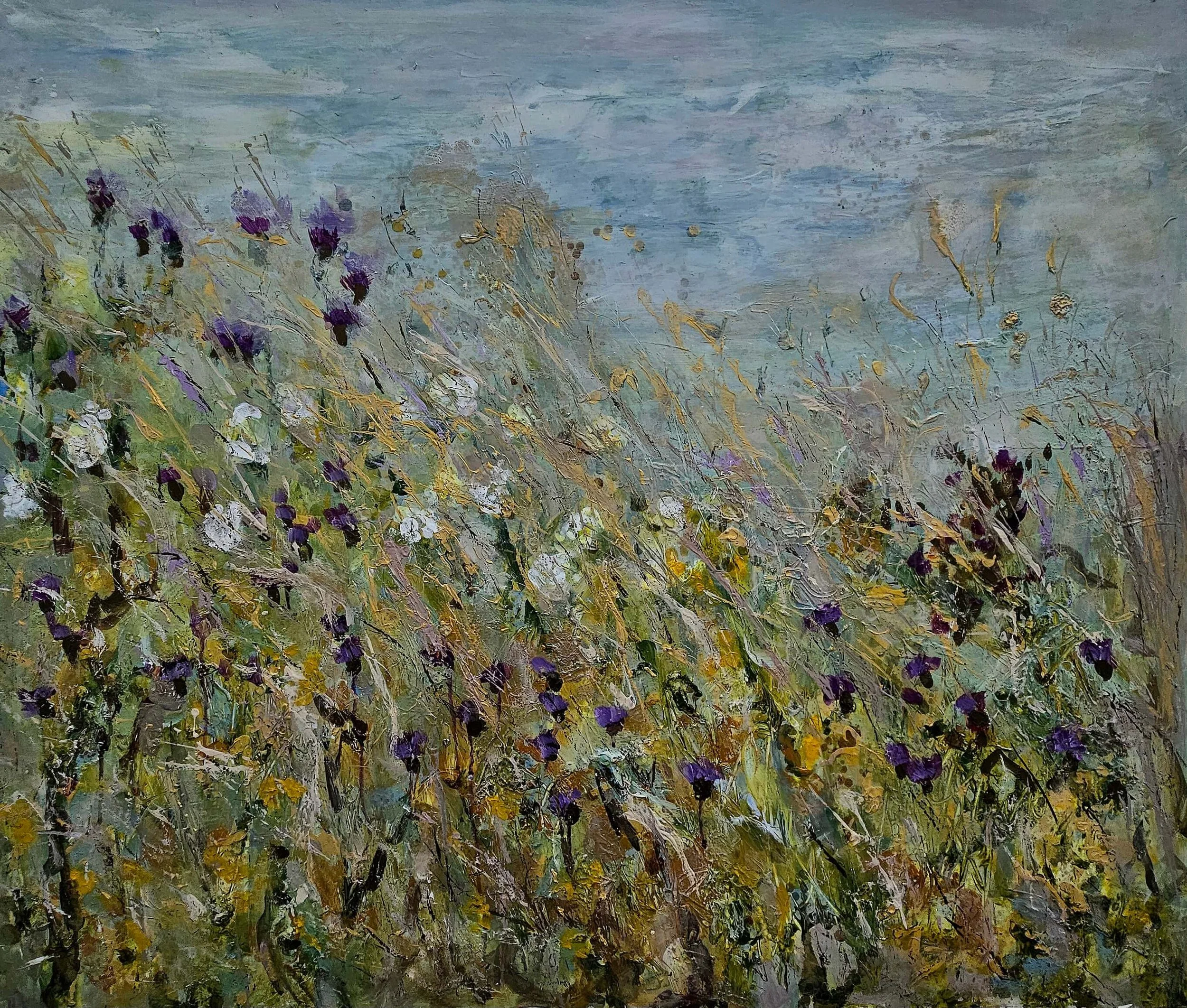 Summer's Turning contemporary painting inspired by summer light and flowering meadows.