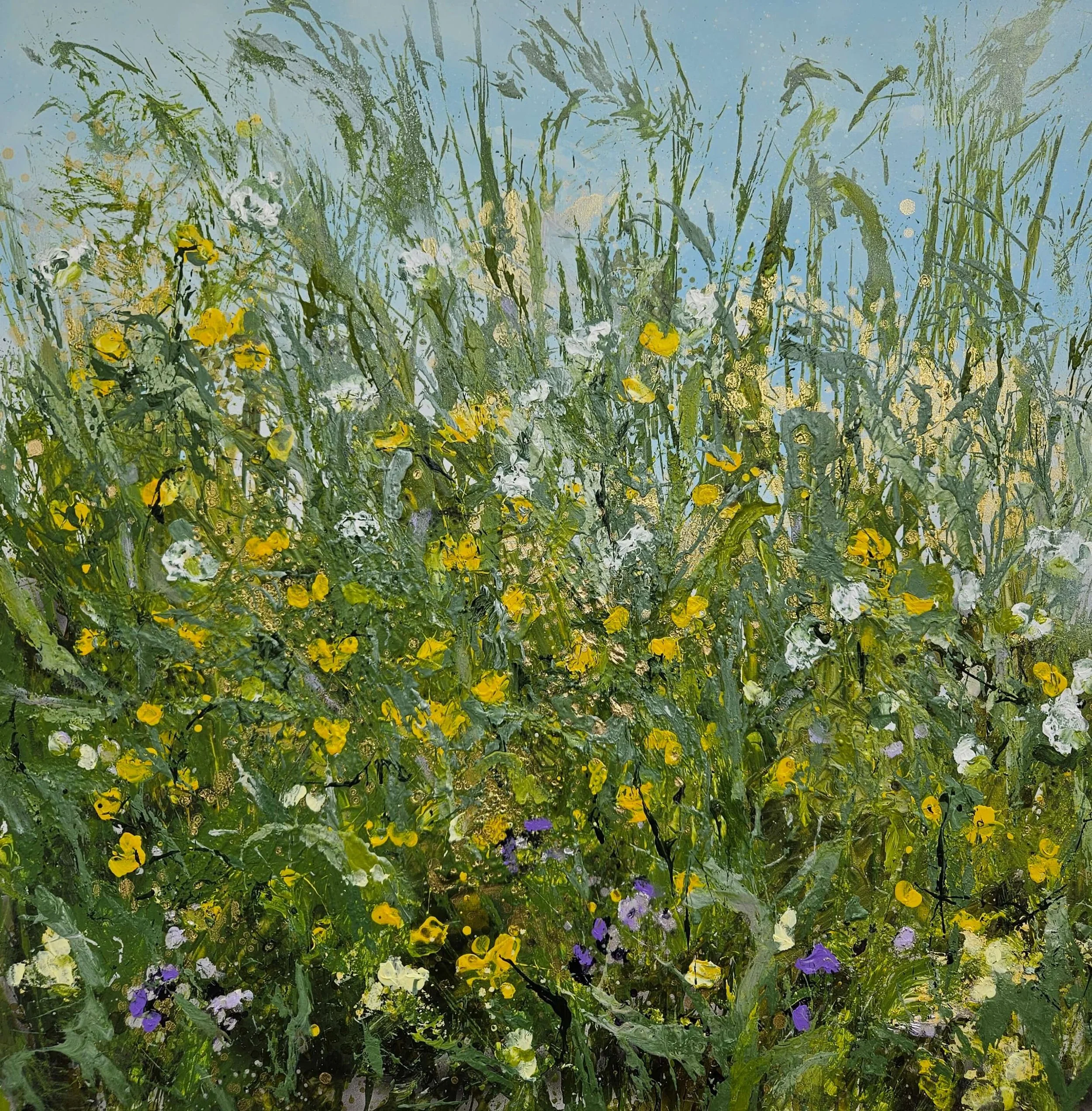 Spring meadow painting with long grass and wildflowers