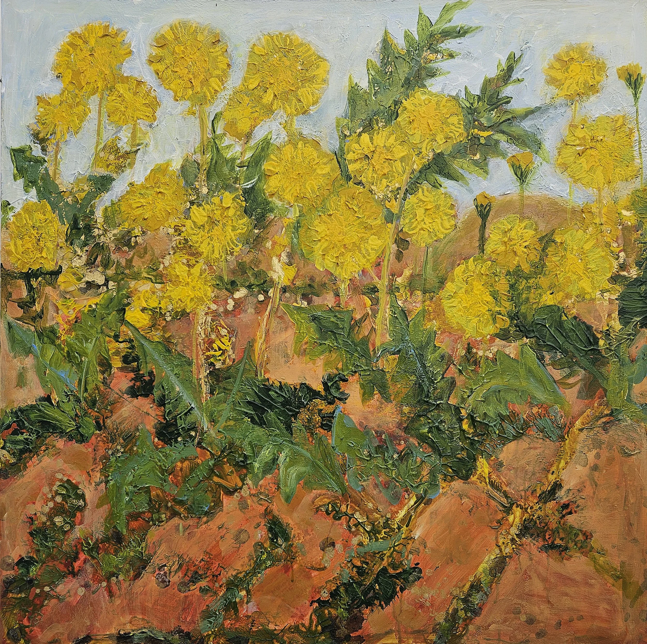 The Sun's Coming Out, painting of dandelions growing through terracotta brick by Sally Stafford