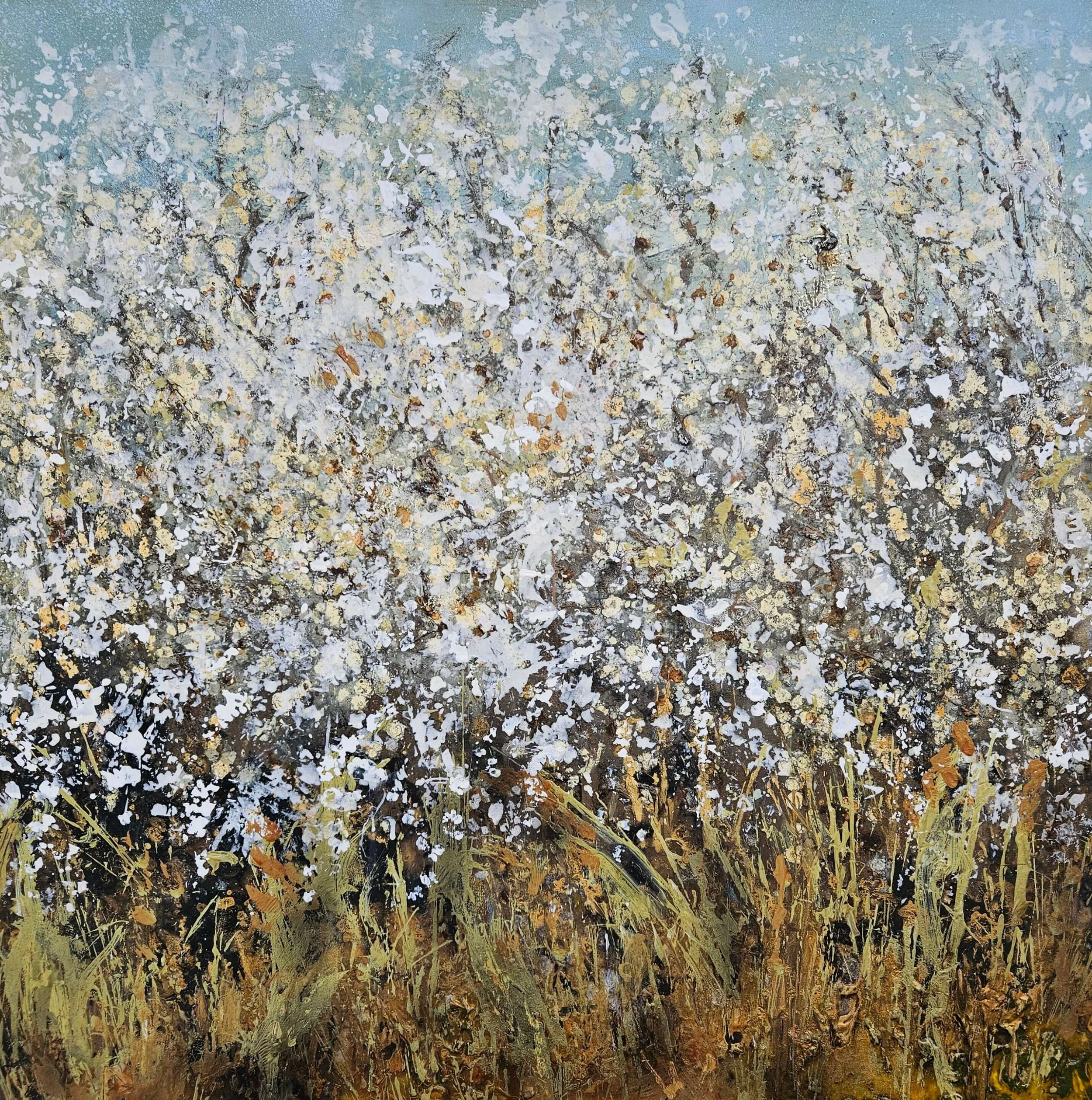Hedgerow painting with blackthorn blossom in early spring