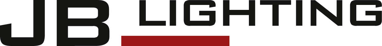Der Schriftzug 'JB LIGHTING' in schwarzen Buchstaben auf weißem Hintergrund, mit einem roten Element unterhalb des Textes.