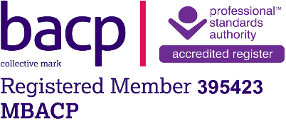 BACP accreditation logo with text 'Registerd Member 395423 MBACP' and 'professional standards authority'