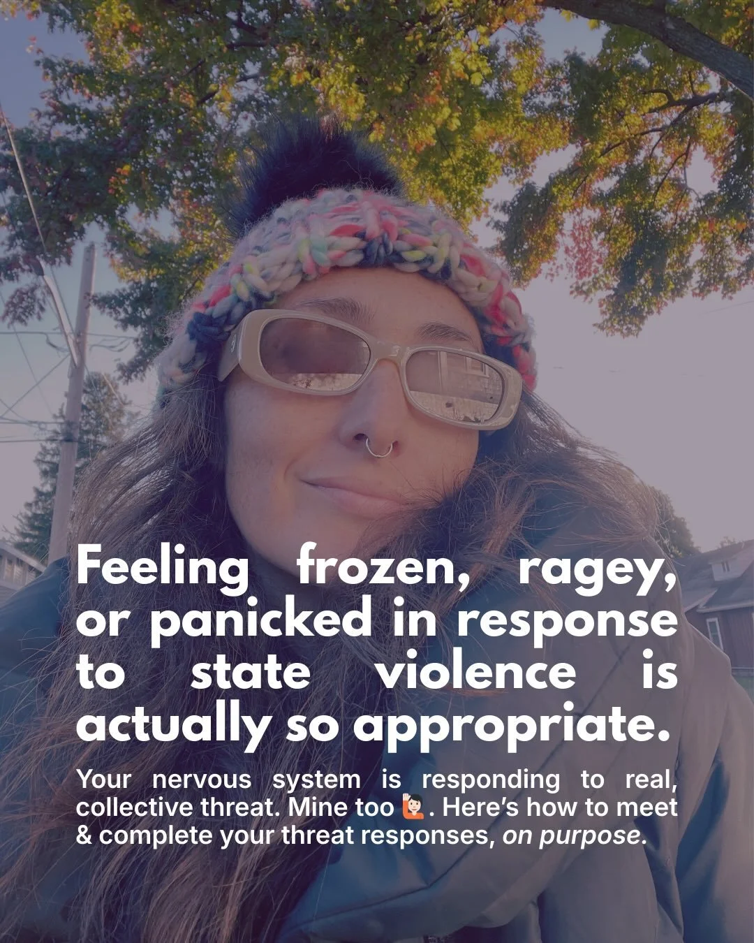 Some words for the times 🫀🫂 

#nervoussystem #somatichealing #fightflightfreeze #transformativejustice #communitycare #threatresponses #somaticexperiencing #feltsense
