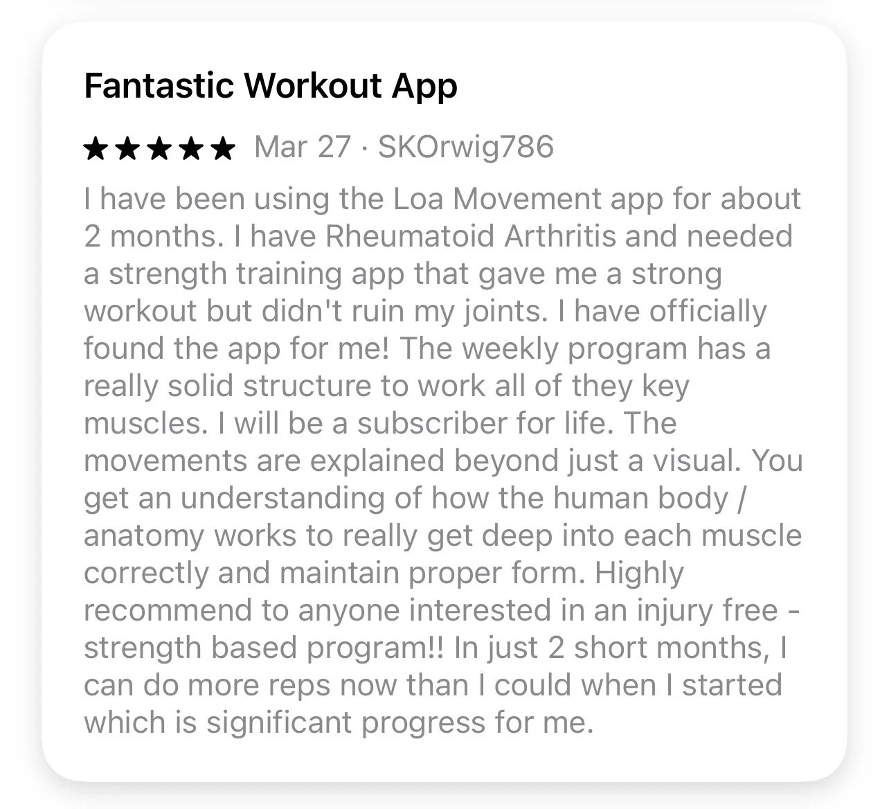 5-star member review from a woman with rheumatoid arthritis: a strong strength workout that doesn't ruin her joints, with clear anatomy-based cues. More reps in 2 months.