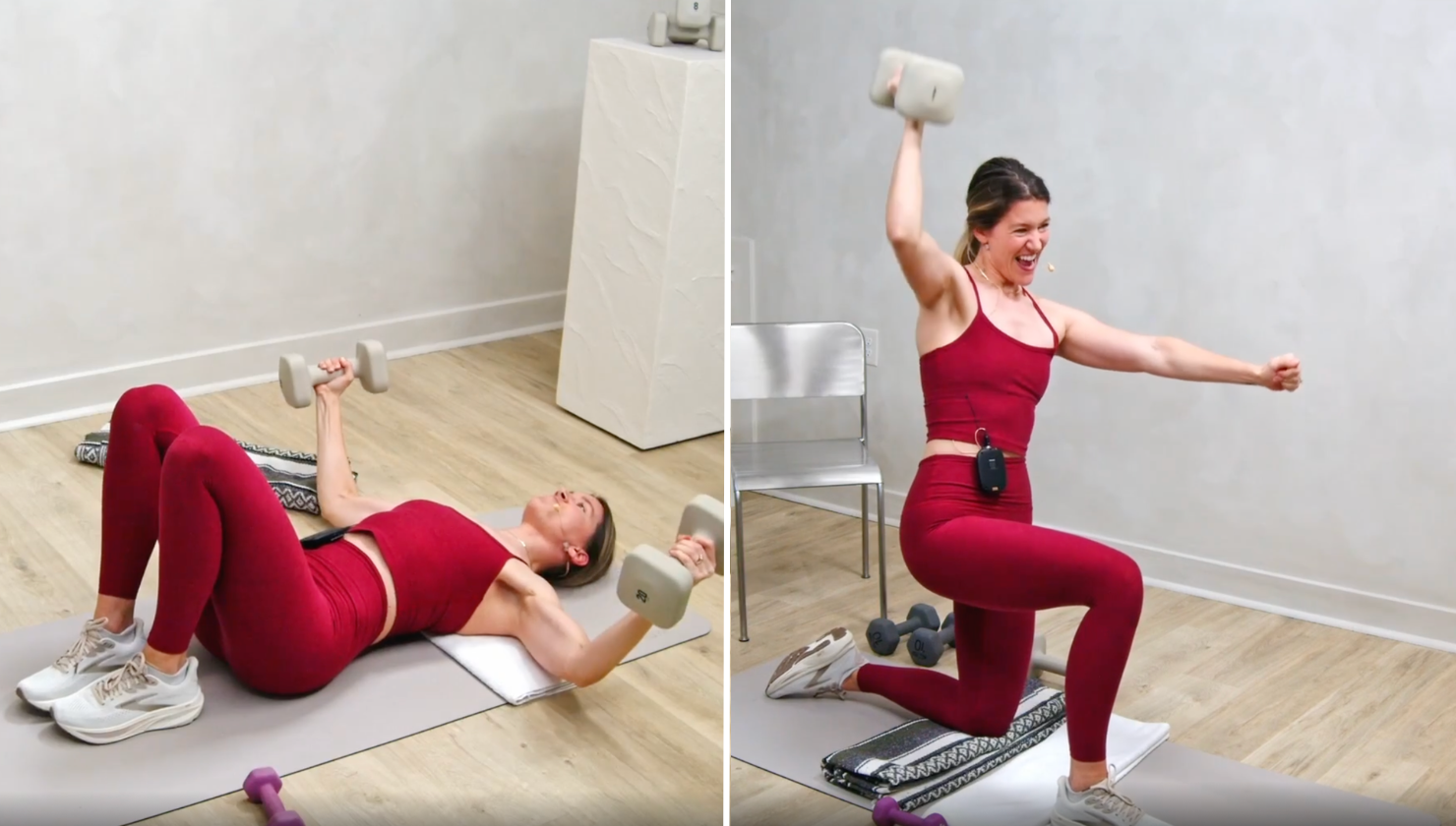 Woman doing a dumbbell chest fly and a kneeling single-arm shoulder press in an at-home strength training workout