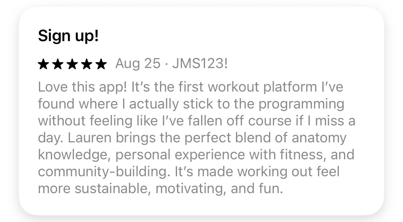 5-star member review: the first workout platform I actually stick to. Anatomy knowledge and community make working out sustainable, motivating and fun.