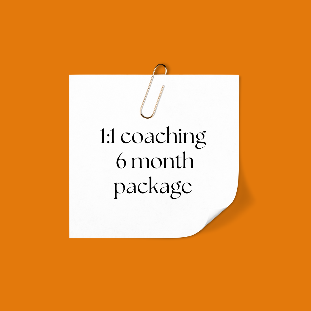 orange square with white post it attached by paperclip saying 1:1 coaching 6 month package