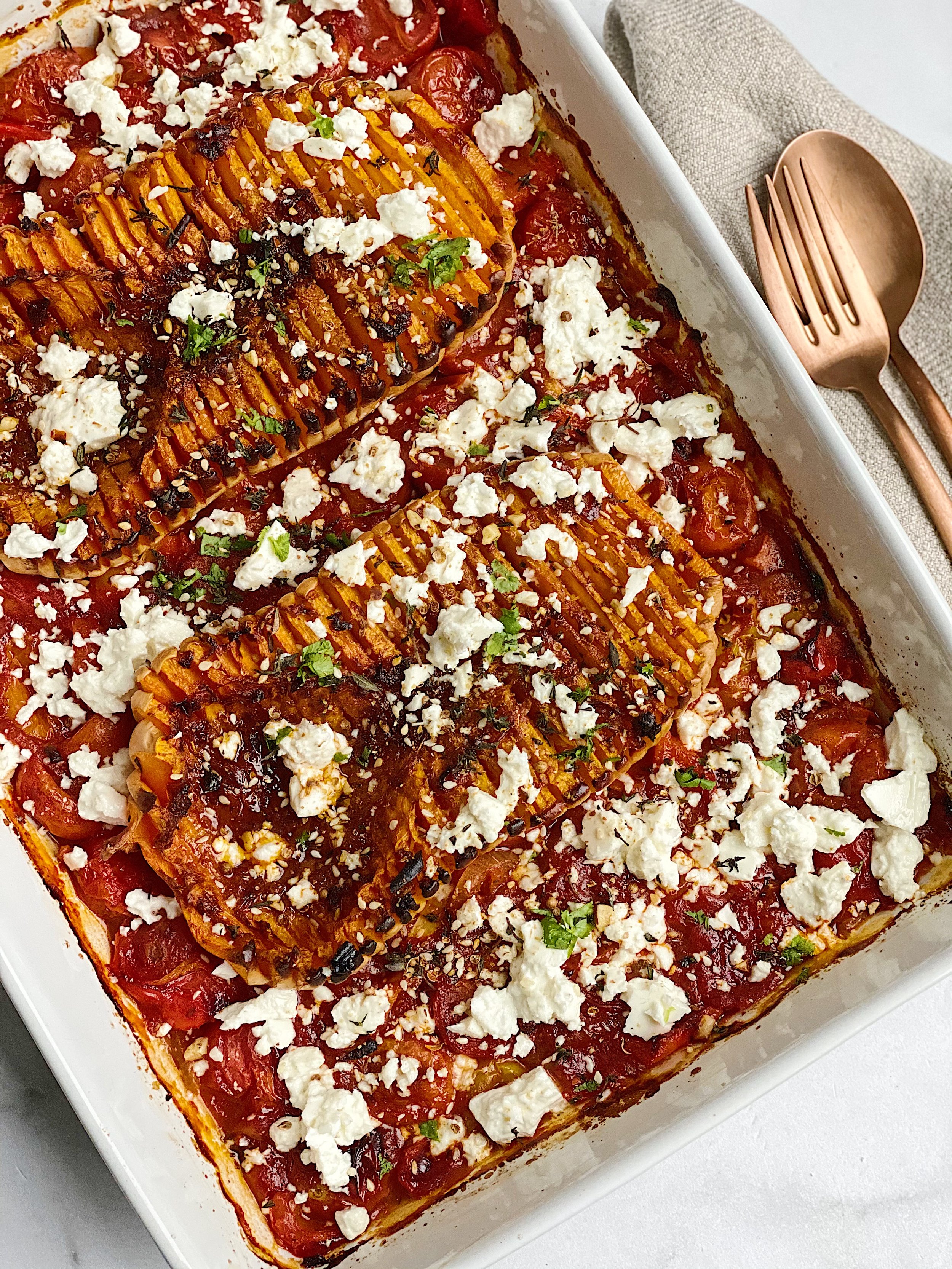 Glazed Hasselback Butternut with Rose Harrisa