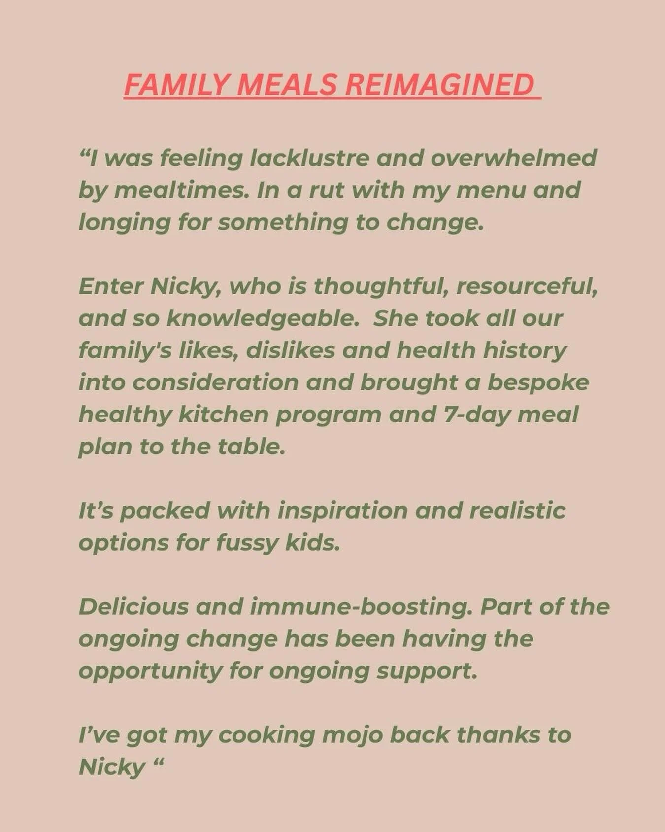 𝗖𝗼𝗼𝗸𝗶𝗻𝗴 𝗠𝗼𝗷𝗼: 𝗥𝗲𝘀𝘁𝗼𝗿𝗲𝗱

Juggling family meals, fussy eaters and busy lives can leave even the most capable cooks feeling stuck. 

This mum of two came to see me feeling overwhelmed, low in energy and completely uninspired in the ki