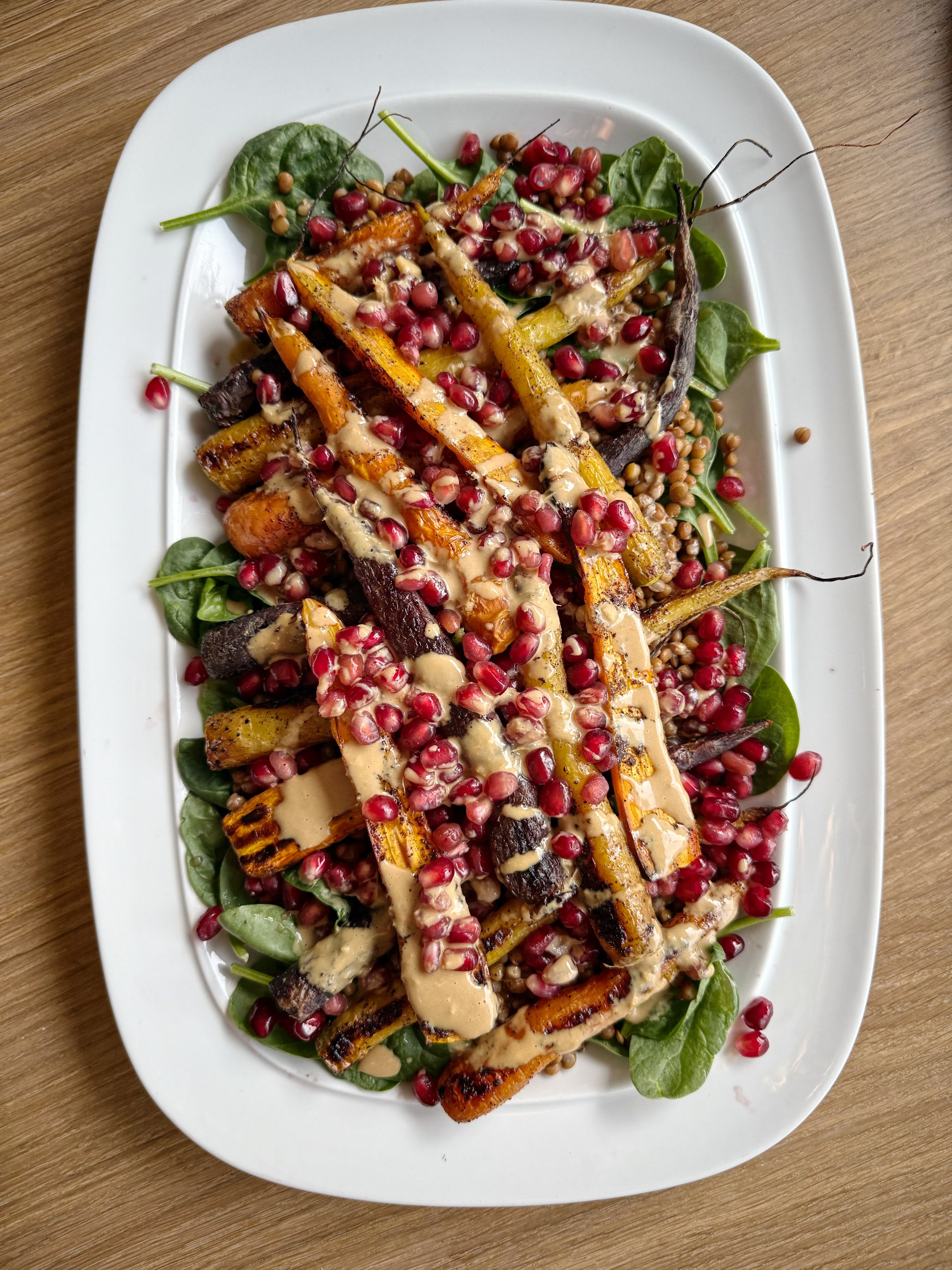 Roasted Heirloom Carrot, Lentil & Pomegranate Salad with Miso Tahini Dressing