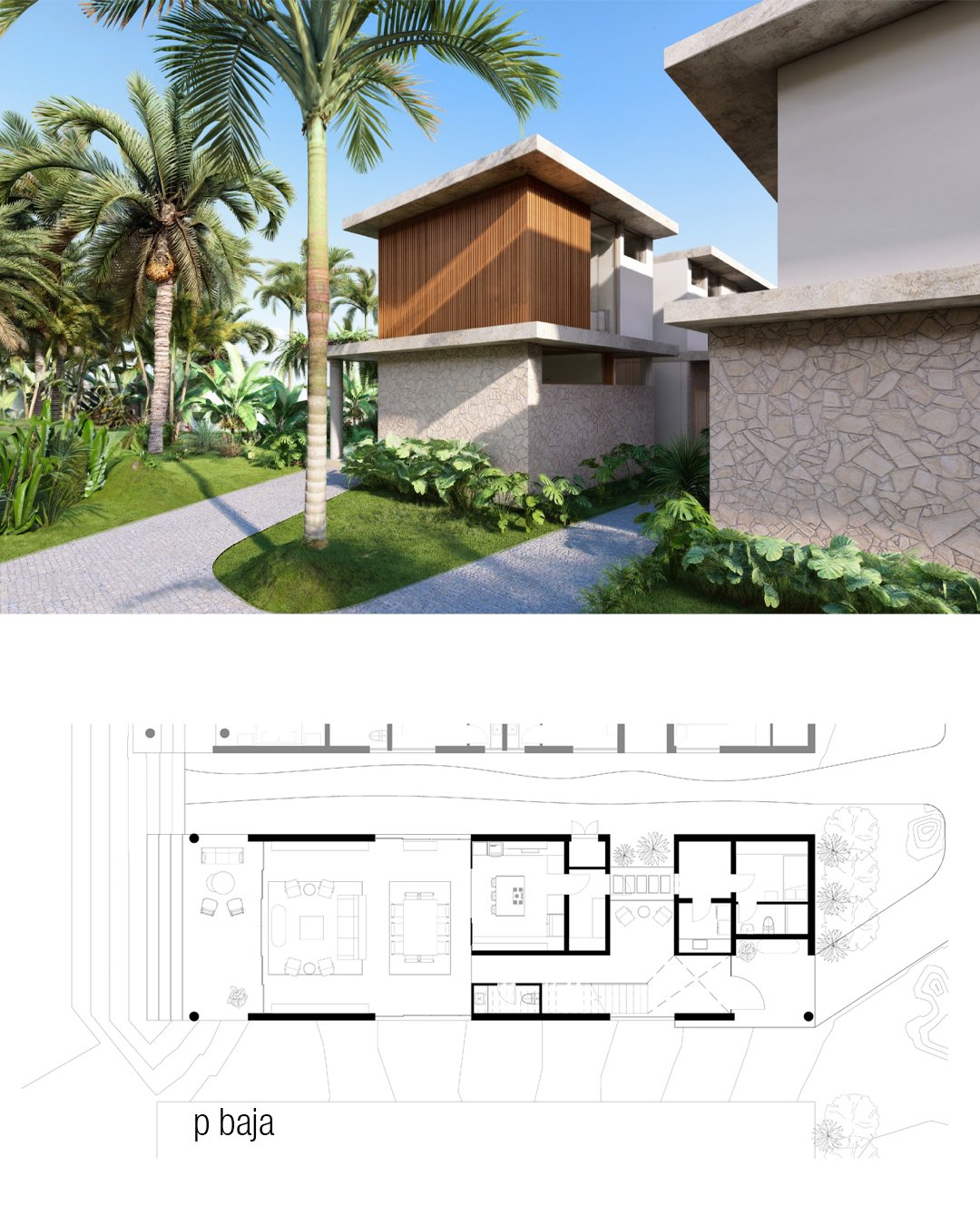 casa 20
// fachadas + plantas
aqu&iacute; una planta rectangular con sus espacios organizados linealmente. En planta baja hay un gran ambiente enfocado a la playa con la cocina, comedor y salas. Hacia el frente y al mar est&aacute; el dormitorio prin