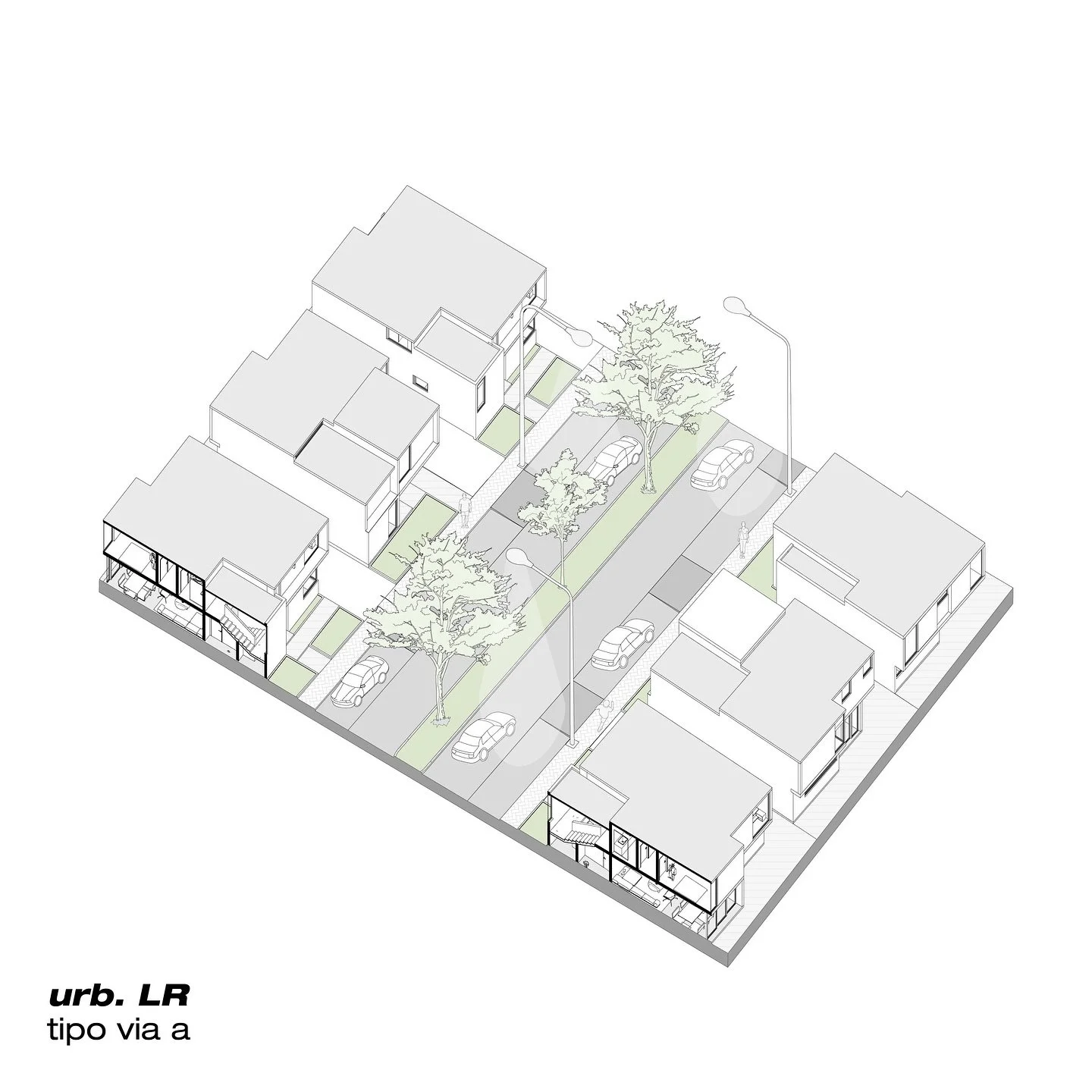 UrbLR
// tipolog&iacute;as viales

La estructura vial define el car&aacute;cter del entorno habitable. La V&iacute;a A, con un parterre central arbolado, introduce sombra, privacidad y continuidad verde a lo largo del recorrido memorable. La V&iacute