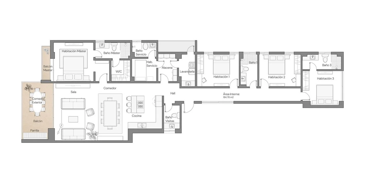 Regatta
plantas // distribuci&oacute;n 

departamentos con un programa completo: dormitorio principal, tres dormitorios secundarios, sala, cocina, comedor, alacena, ba&ntilde;o visitas, habitaci&oacute;n de servicio, lavanderia, balcones

1 departame