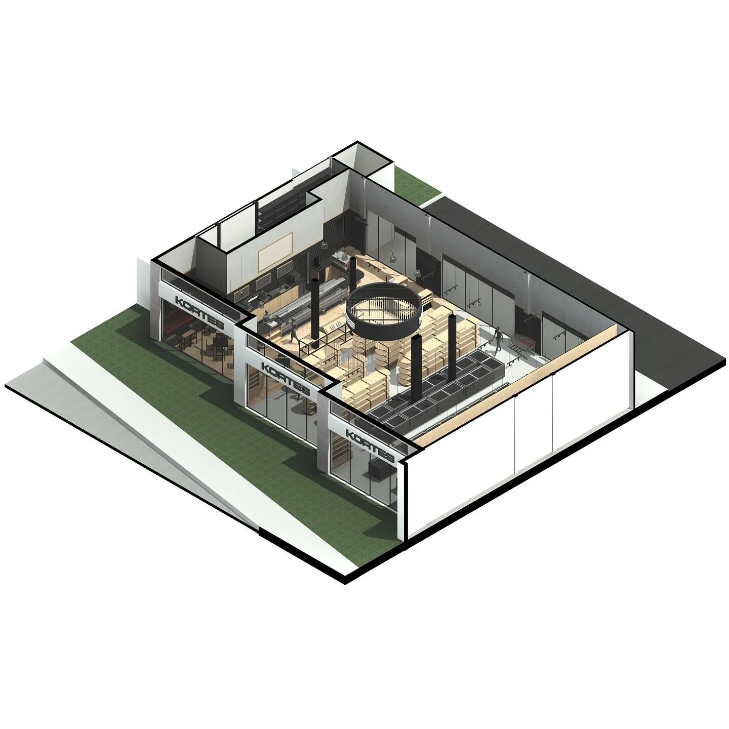 Kortes // axo 1

Una ilustraci&oacute;n que revela la densidad program&aacute;tica y variada oferta del market: congeladores, estanter&iacute;as y un deli-cafeteria que organizan el recorrido. La arquitectura se lee en conjunto al mobiliario y el equ