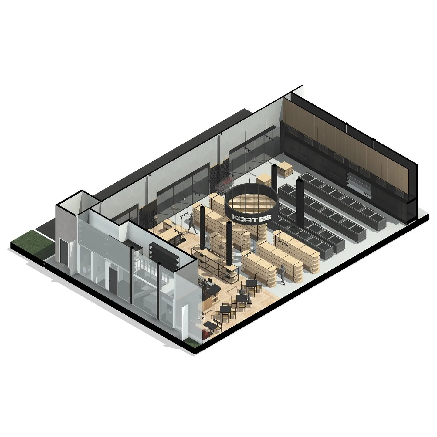 Kortes // axo 2 + 3

En esta vista, el proyecto se despoja del equipamiento para dejar ver su estructura espacial: dobles alturas, superficies en microcemento y un cilindro central en madera que articula la escala del interior. Una lectura limpia de 