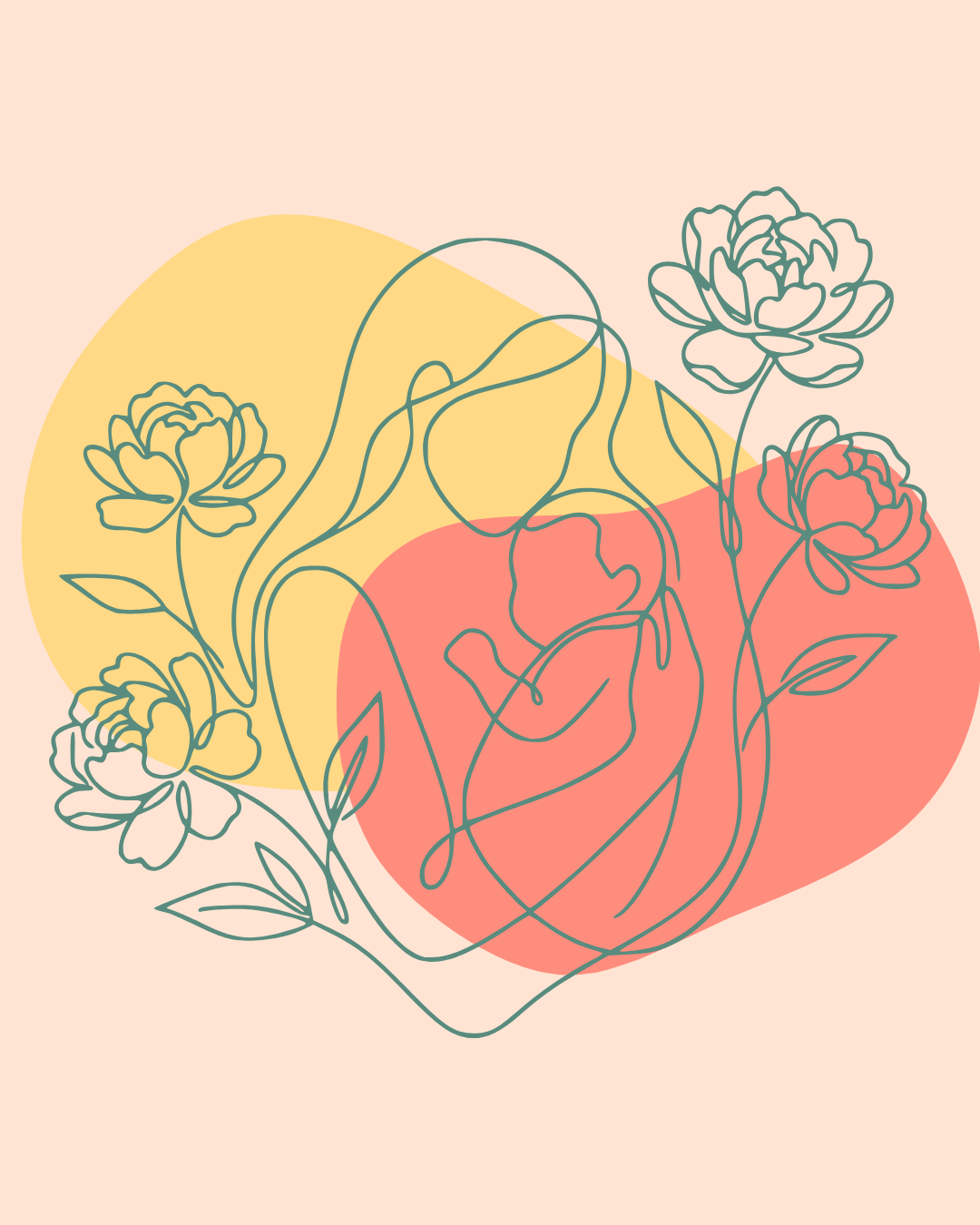 A graphic of a line drawing including a mother and baby surrounded by flowers with yellow and pink abstract shapes behind it.
