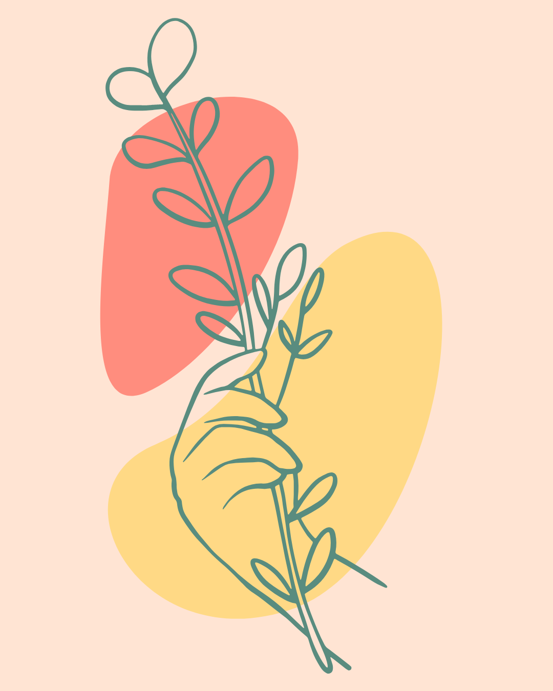 A graphic in the form of a line drawing with pink and yellow splotches on a light pink background of a hand holding a leafy branch.
