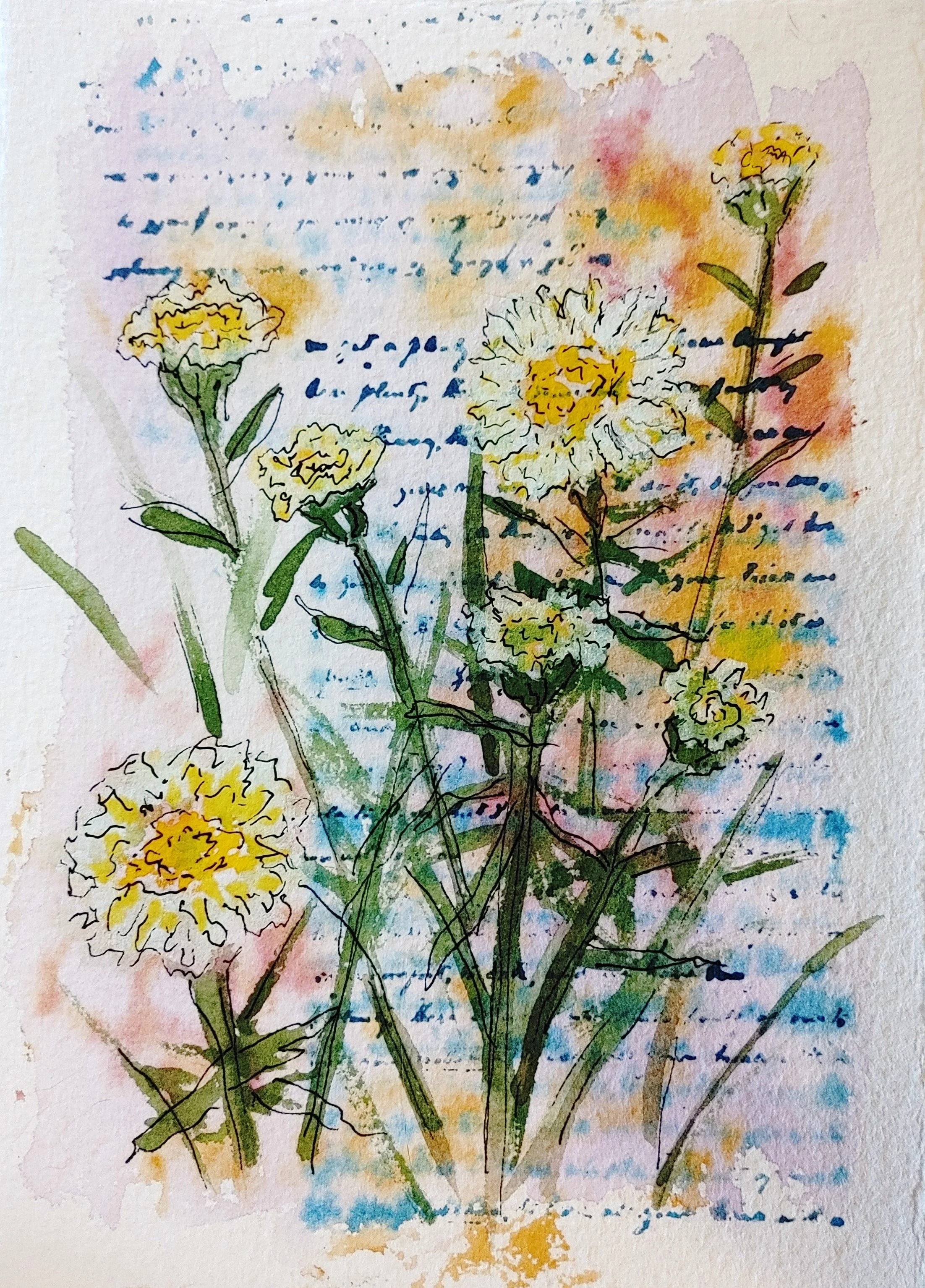 Watercolor drawing of yellow and white flowers with green stems and leaves, overlaid on a background of blue and pink handwritten text.
