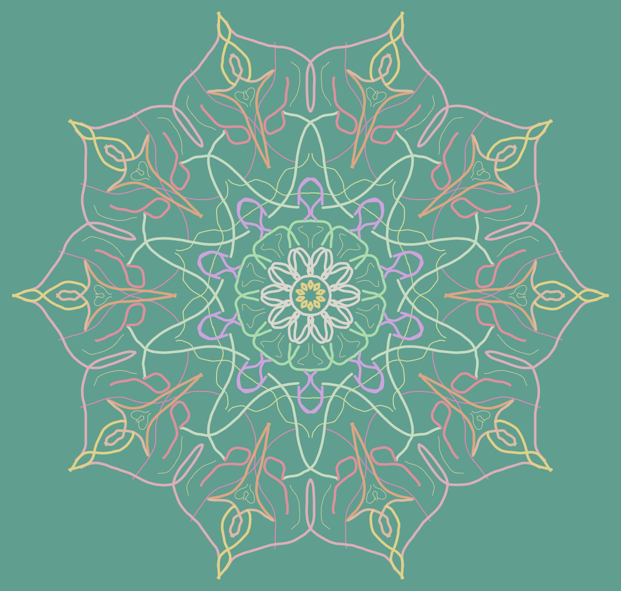 A colorful mandala shaped like a flower on a bluish-green background.