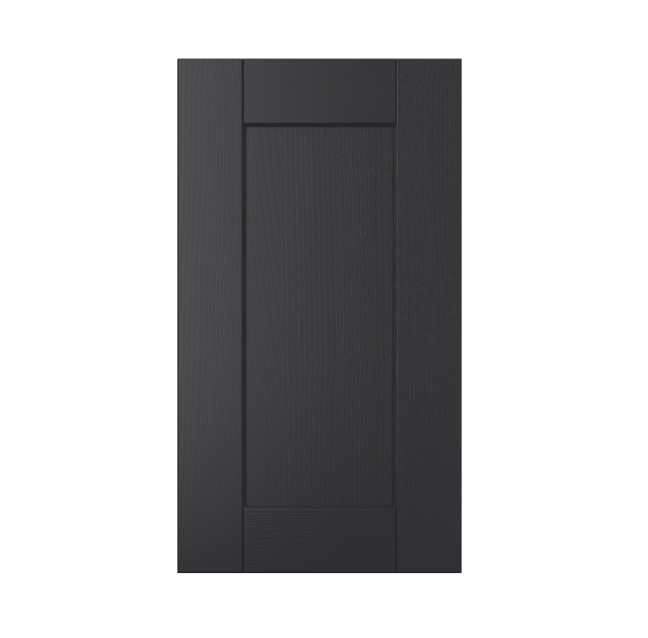 Black cabinet door with a shaker style design on a white background.
