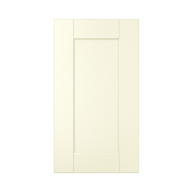 White shaker-style cabinet door with vertical and horizontal panels.