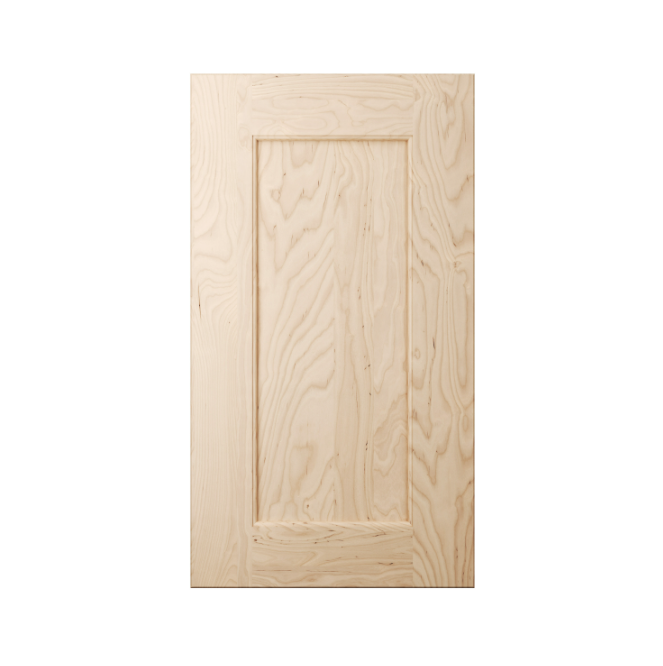 Unfinished wooden cabinet door with a recessed panel design on a white background.