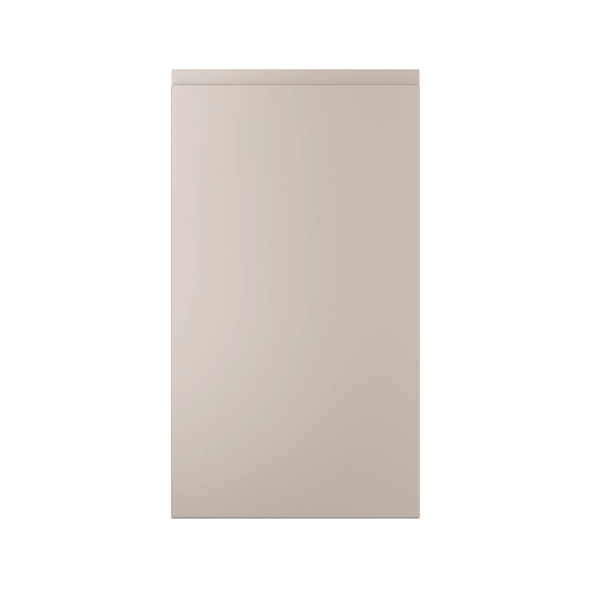 Beige cabinet door with sleek, minimalist design on white background