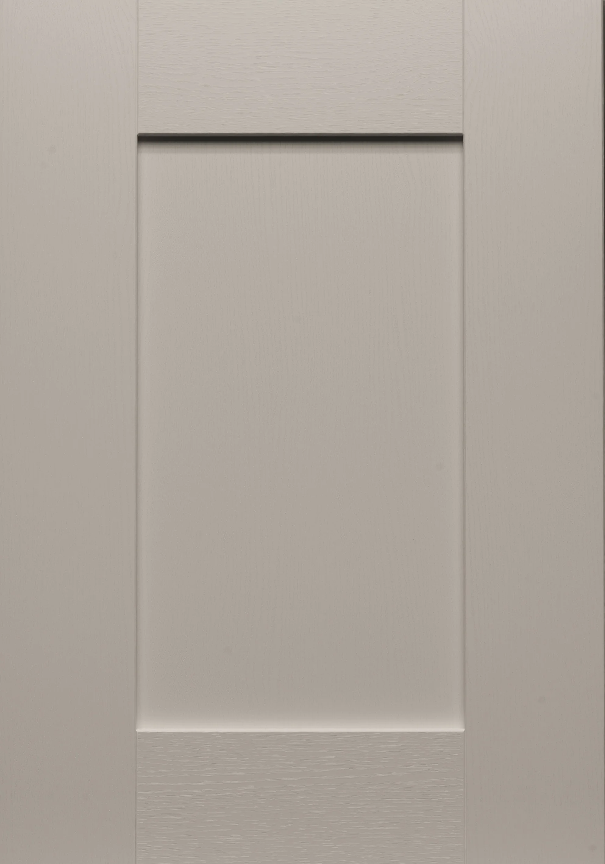 Shaker style cabinet door in light gray color with a central recessed panel and four edges.