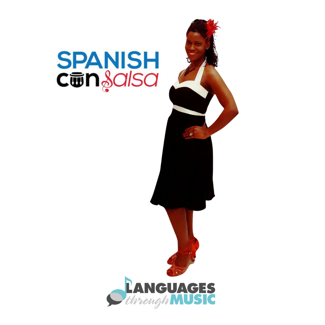A woman in a black and white dress with red shoes, standing with her hand on her hip, smiling at the camera, with the text 'Spanish Con Salsa' and 'Languages through Music' in the background.