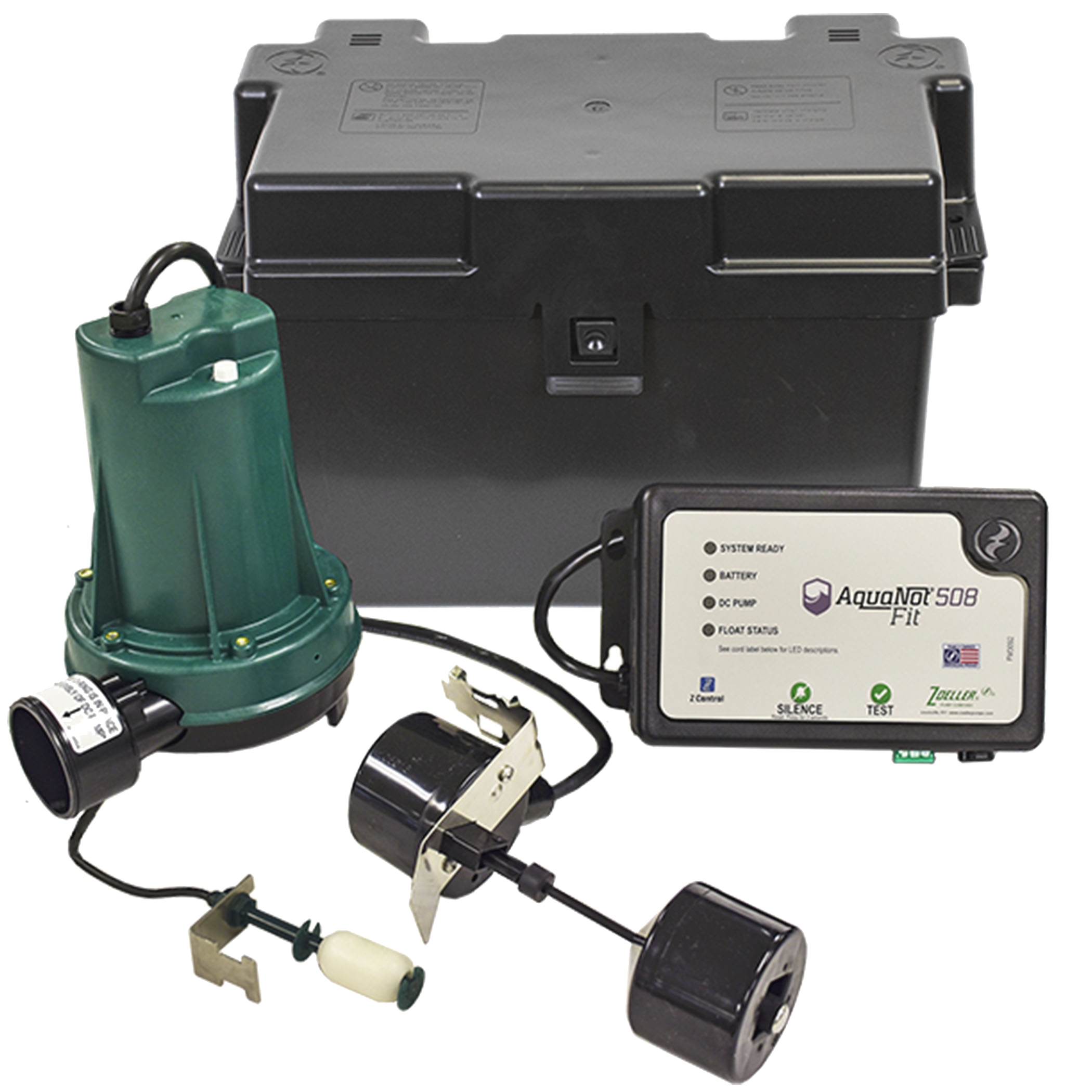 Battery-powered backup sump pump system with battery and controller providing emergency basement flood protection during power outages.