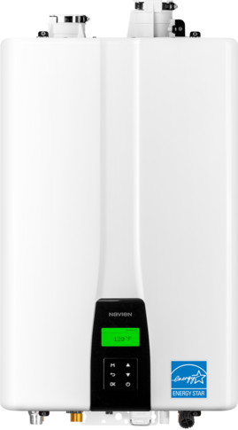 Energy-efficient tankless water heater providing on-demand hot water and space-saving performance for residential homes.