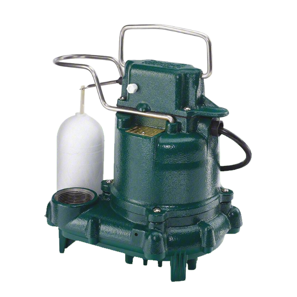 Cast iron submersible sump pump with float switch designed to remove groundwater and protect basements from flooding.