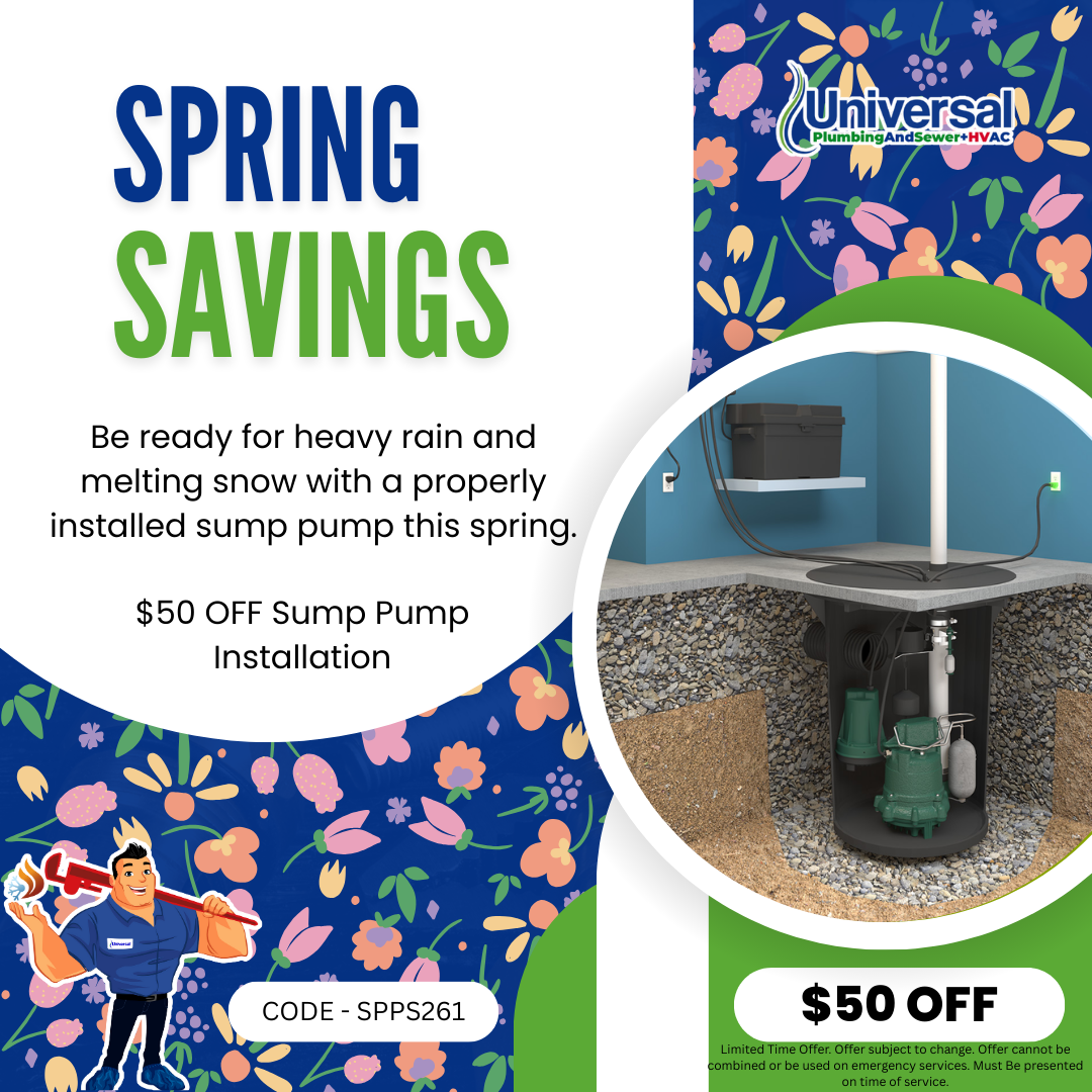 Universal Plumbing & Sewer coupon offering $50 off sump pump installation for basement flood protection.