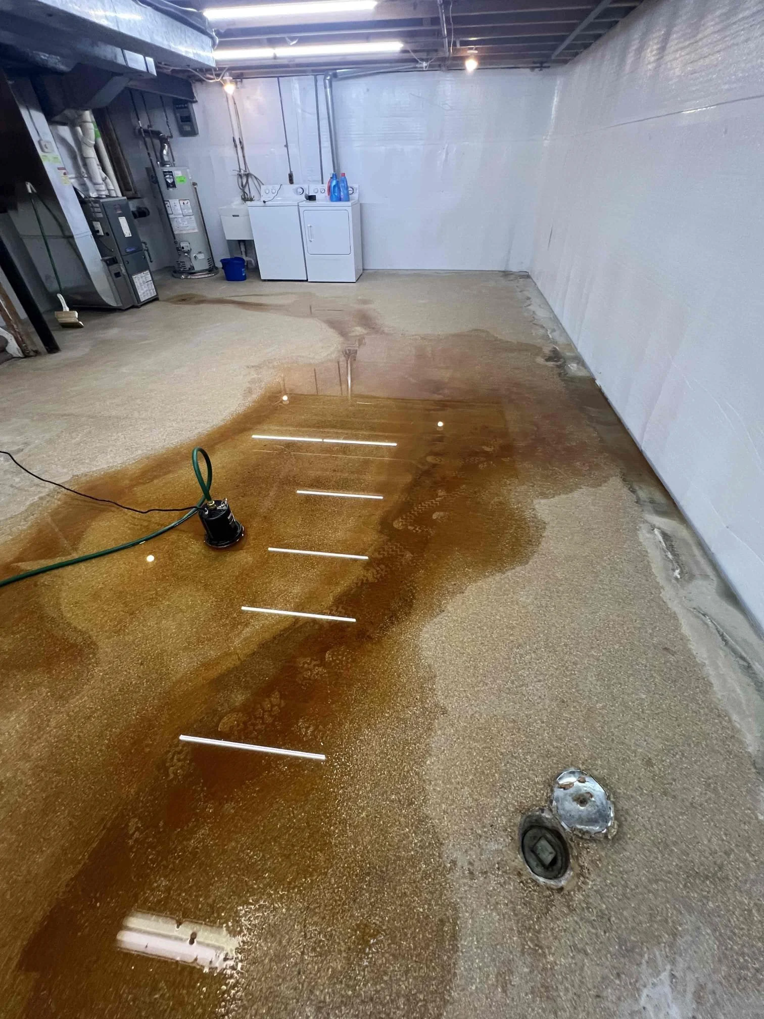 Basement in Fraser, Michigan showing water intrusion and standing water along the foundation before waterproofing installation.