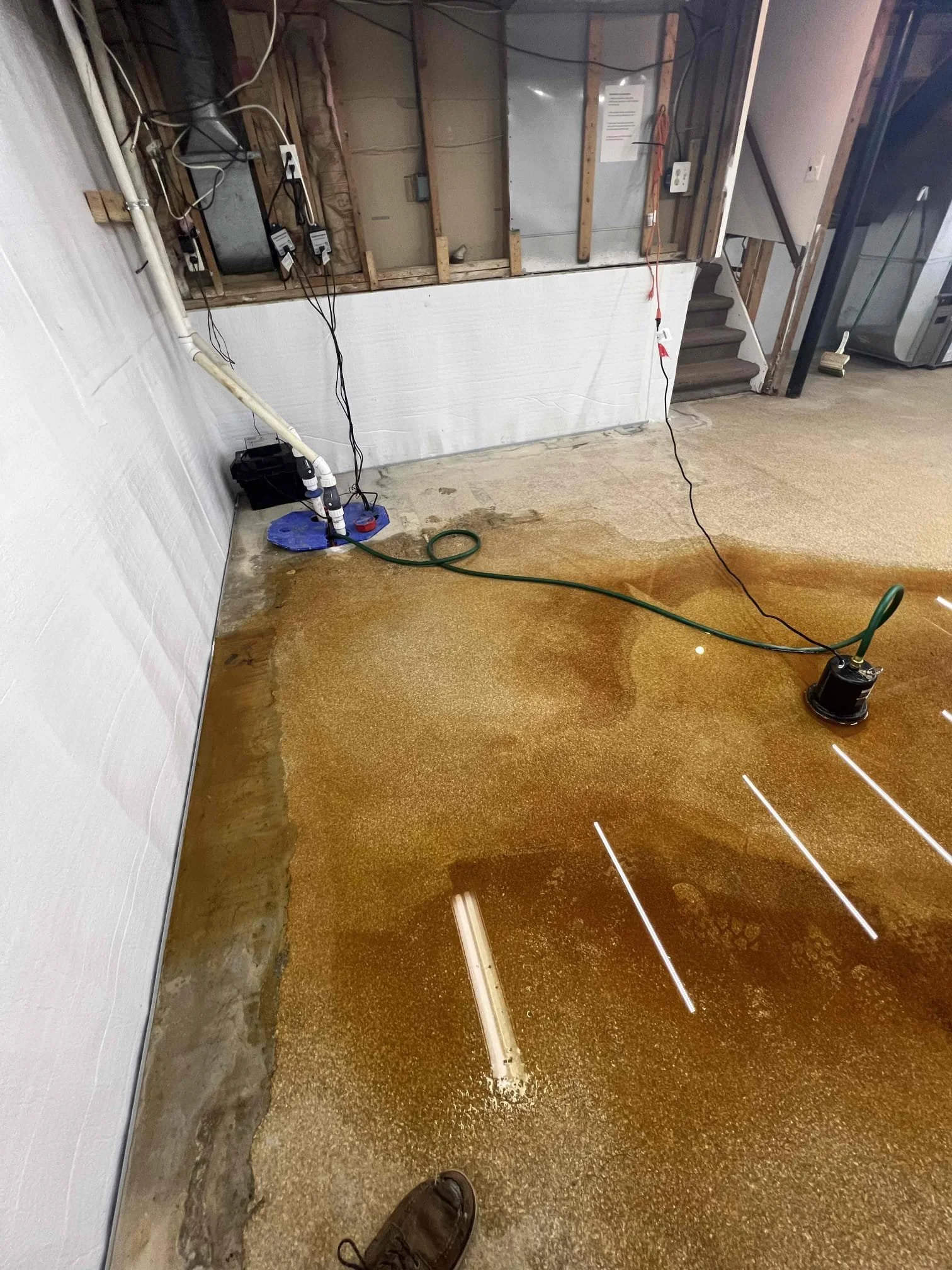 Basement in Fraser, Michigan showing water intrusion and standing water along the foundation before waterproofing installation.