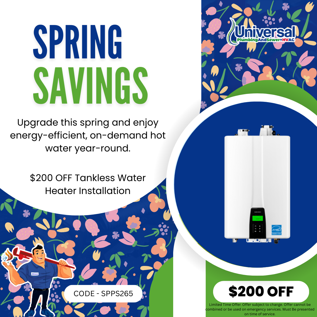 Universal Plumbing & Sewer coupon offering $200 off a whole-house tankless water heater installation.