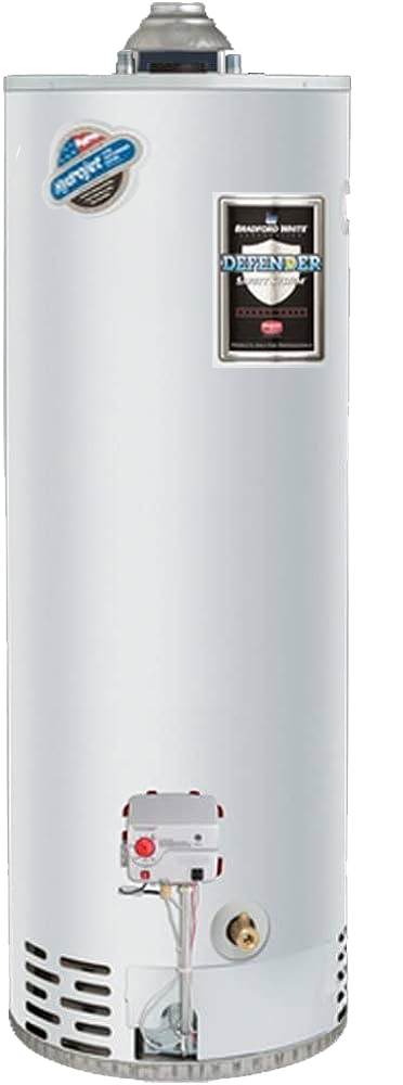 Traditional gas water heater with standard venting system designed for efficient residential hot water heating.