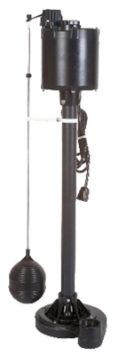 Pedestal sump pump with float switch used for basement water removal and flood prevention.