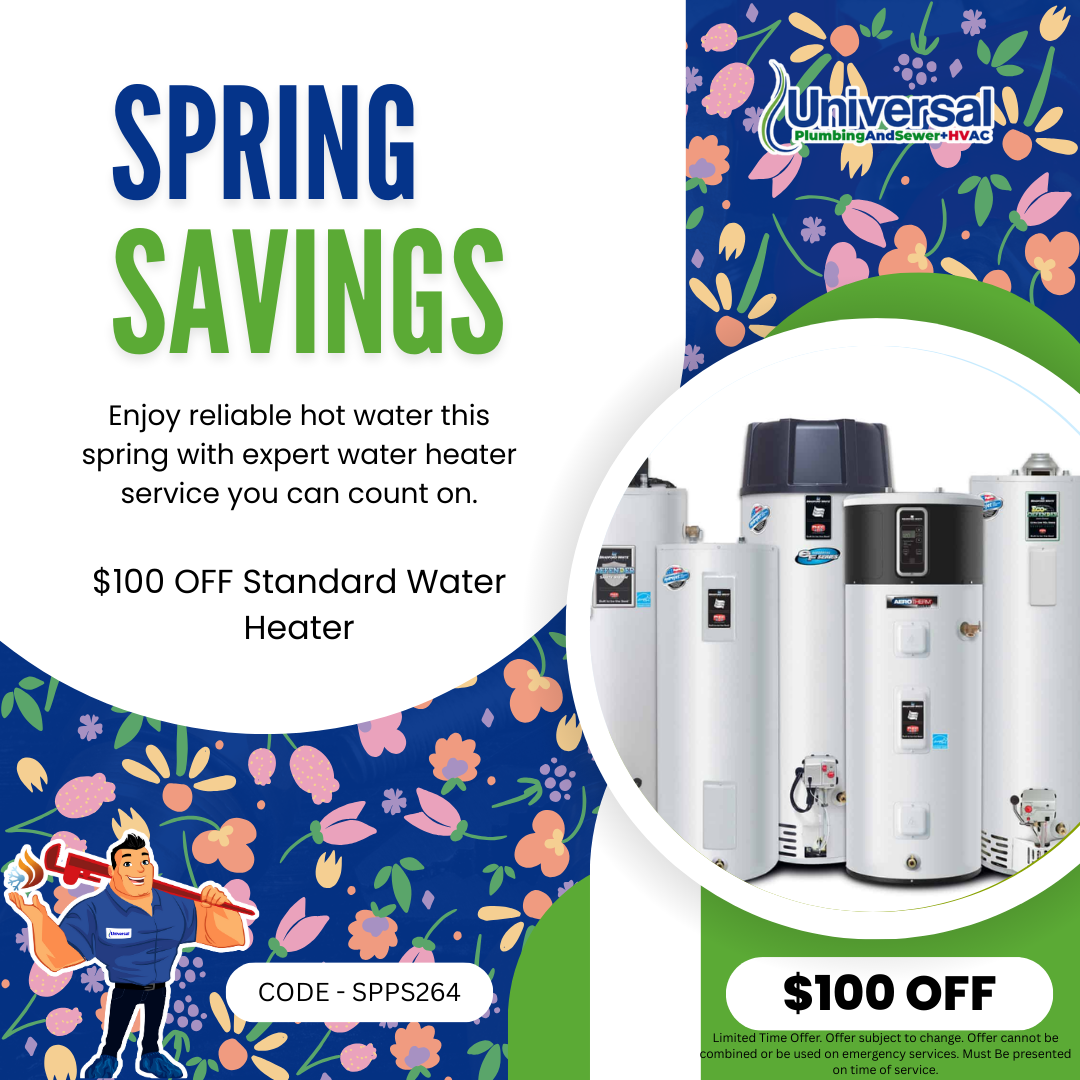 Universal Plumbing & Sewer coupon offering $100 off standard gas or electric residential water heater installation.