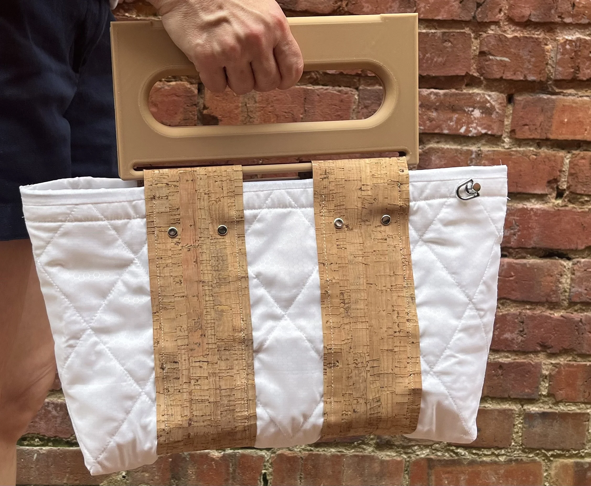 White quilted tote bag with cork