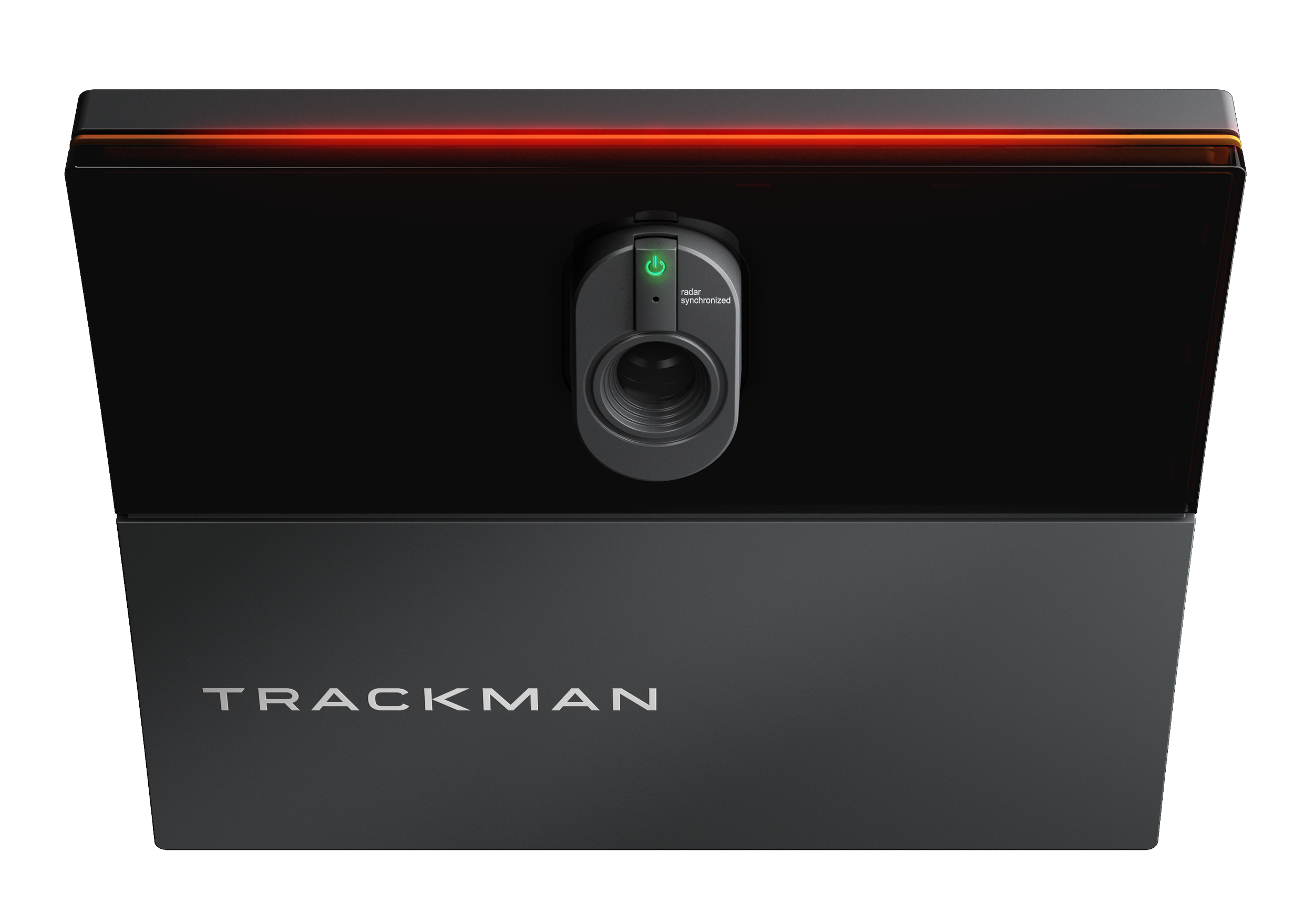 A black electronic device with the brand name "TRACKMAN" on the front. The top part features a camera or sensor module with a green power indicator light and a red stripe along the edge.
