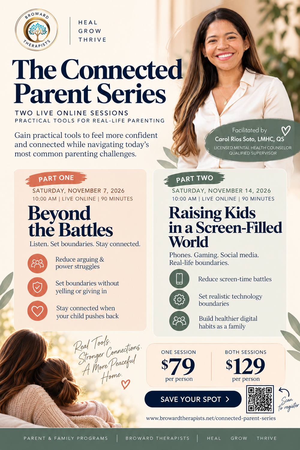 The Connected Parent Series flyer: November 7 and 14 online workshops with Carol Rios Soto