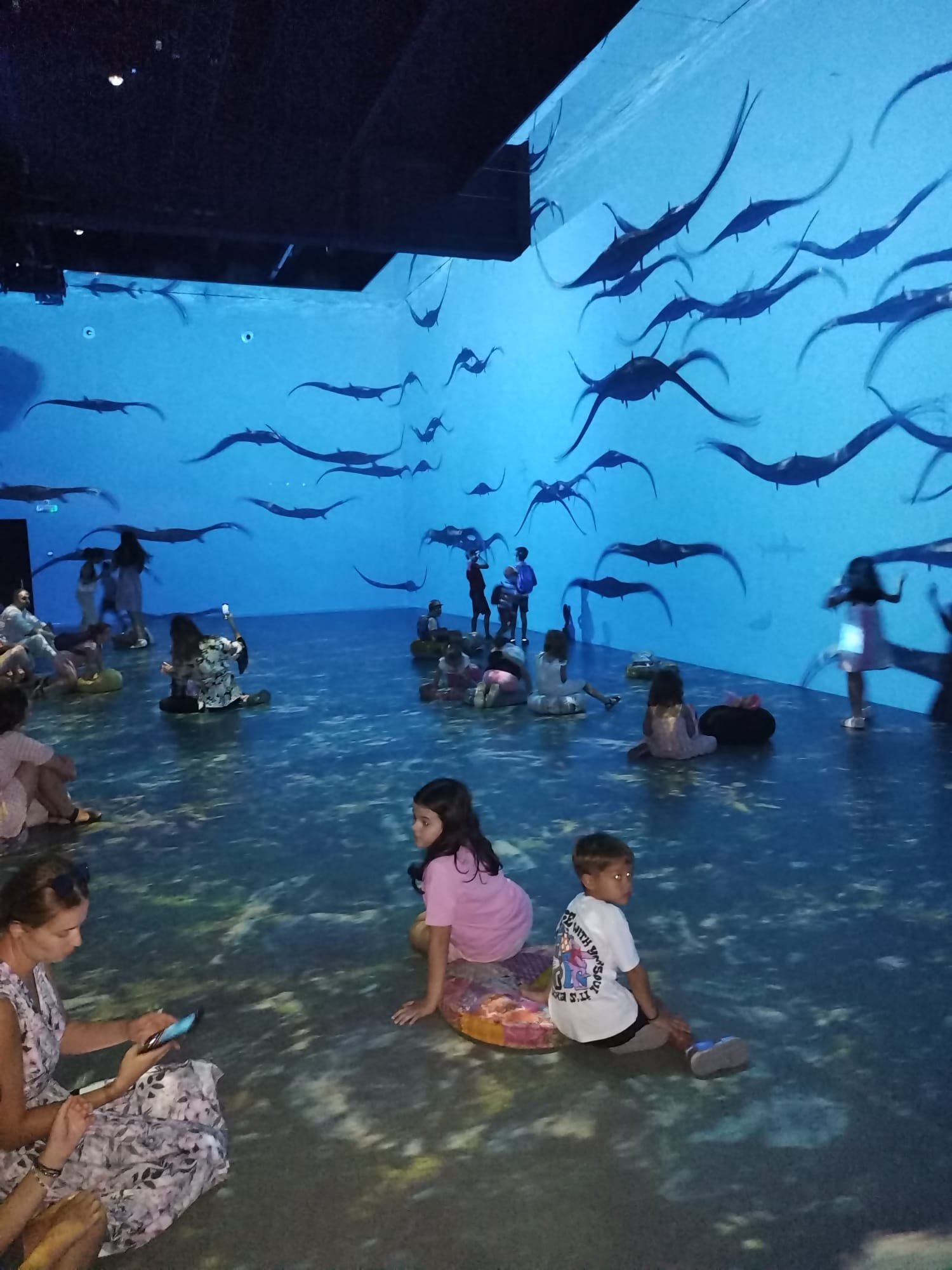 A room with digital projections of manta rays swimming on the walls and floor, with people sitting on the floor observing the display.
