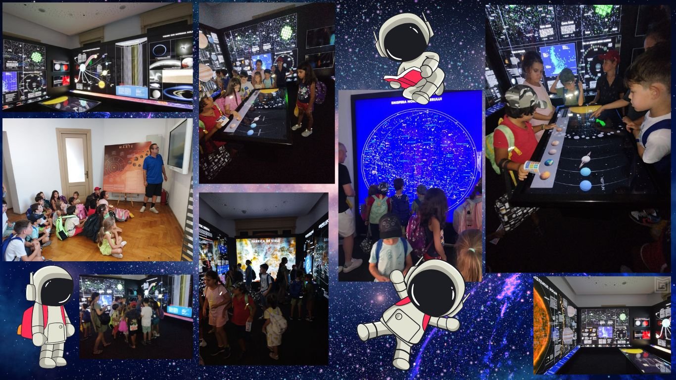 Collage of children visiting a space-themed exhibit with interactive displays and star charts, surrounded by cartoon astronaut graphics.