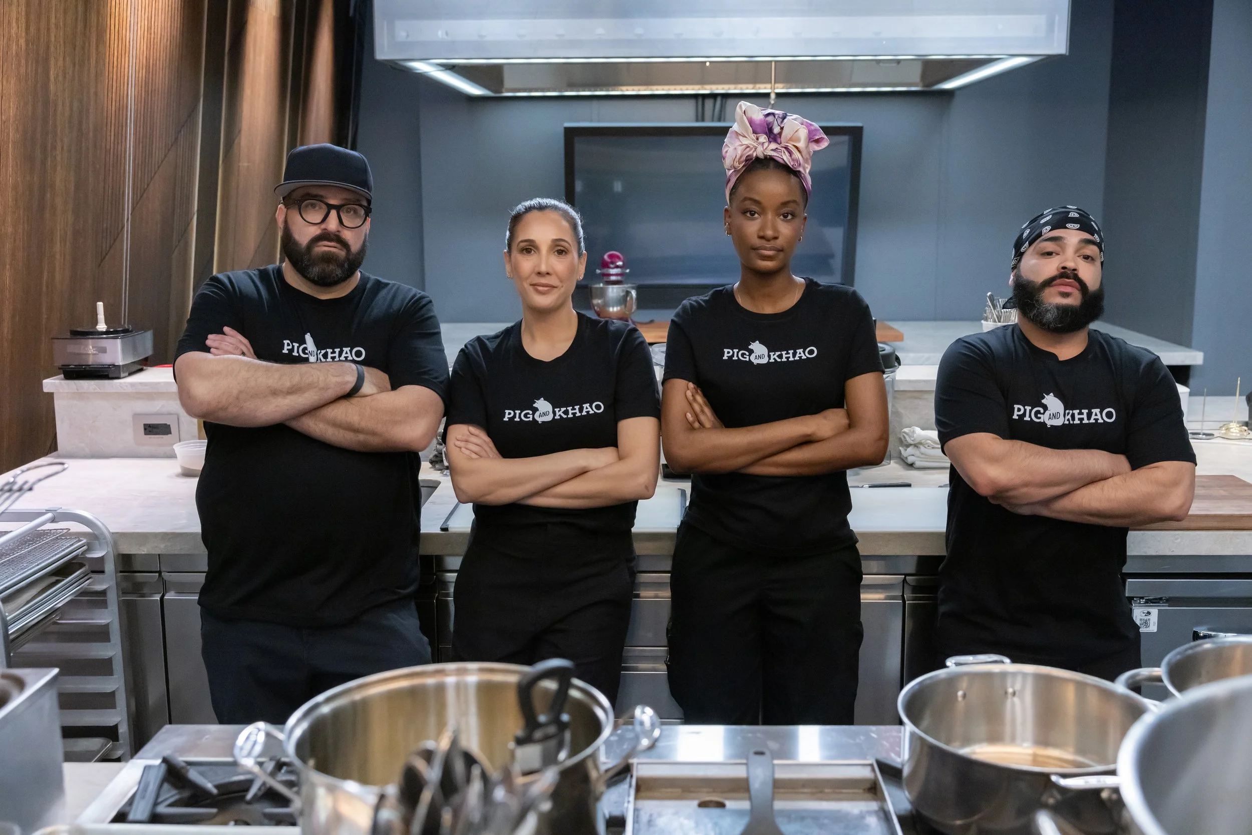 Leah Cohen's team in Pig and Khao shirts on the set of Bobby Flay's The Line